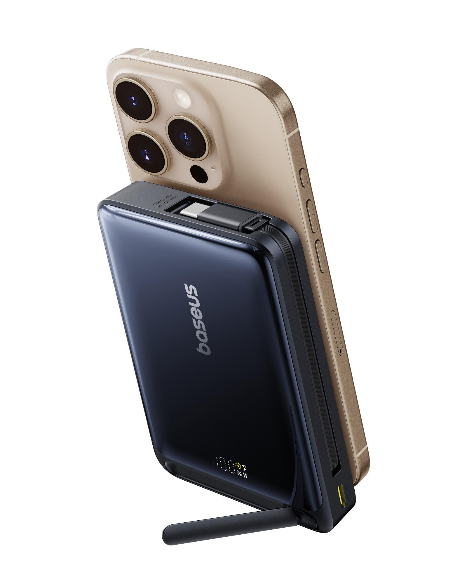 Baseus Nomos 3'ü 1 arada 10000mAh Power Bank - Qi2 15W Kablosuz Şarj, 45W Dahili Çift Yönlü Hızlı Şarj Kablolu, Siyah