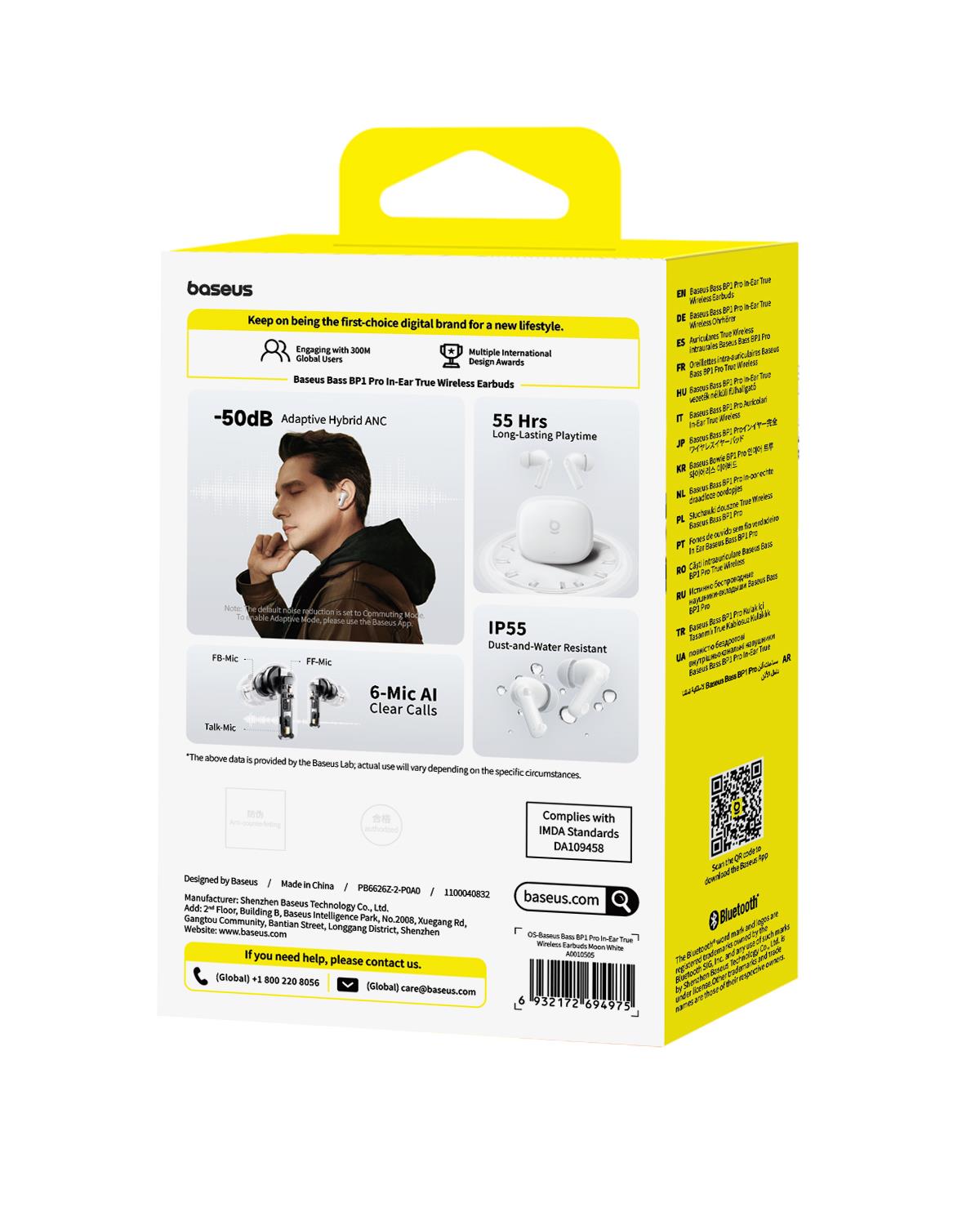 Baseus Bass BP1 Pro 50 dB Gürültü Engellemeli Kulaklıkiçi Kulaklık, 6 Mikrofonlu AI Net Arama, IP55, 55 Saat Oynatma Süresi, Bluetooth 6.0, Beyaz