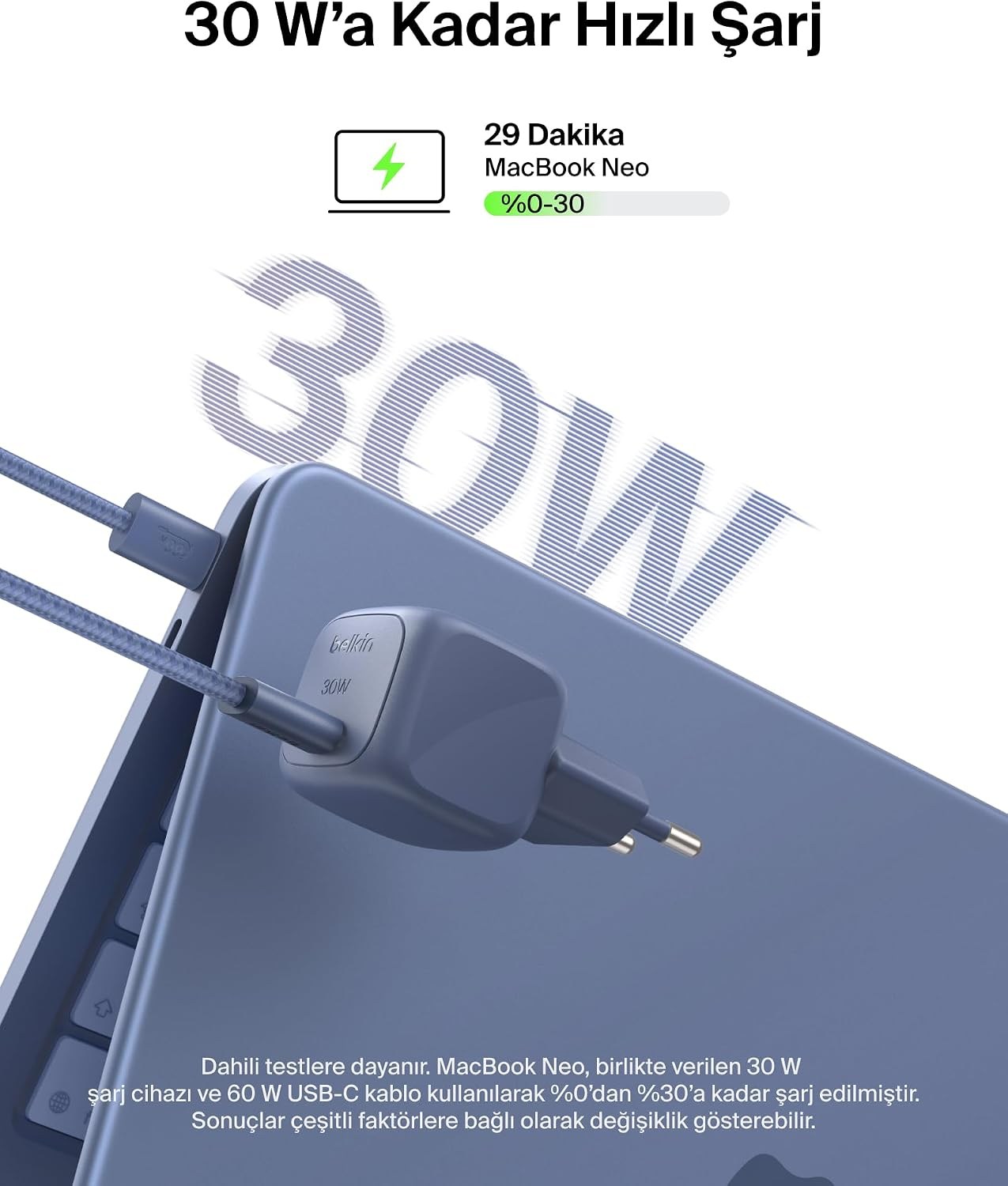 Belkin BoostCharge 30 W USB-C GaN Şarj Cihazı + 2 m Örgülü USB-C Kablo dahil, Pembe