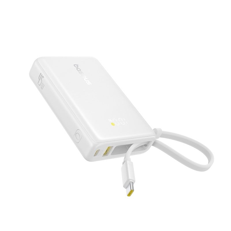 Baseus PicoGo 10000mAh 45W Dahili Kablolu Dijital Ekranlı Powerbank – Beyaz