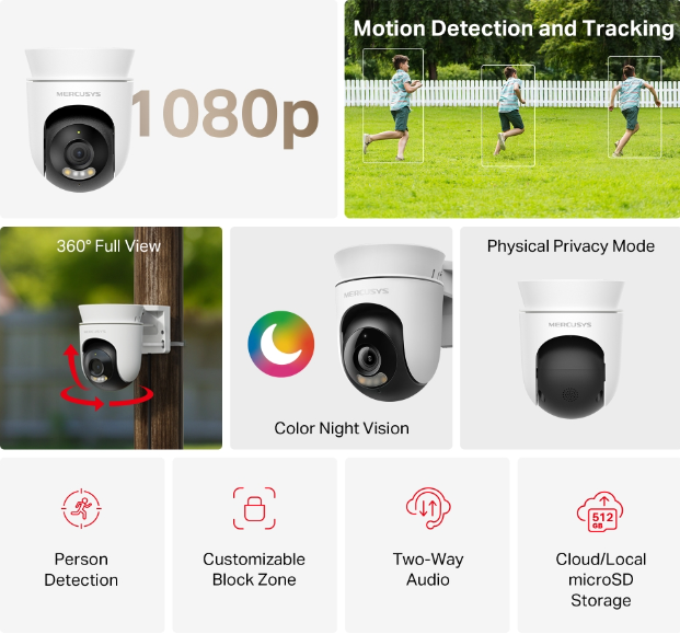 Mercusys MC500 Yatay/Dikey Hareketli Dış Mekan Güvenlik Wi-Fi Kamerası