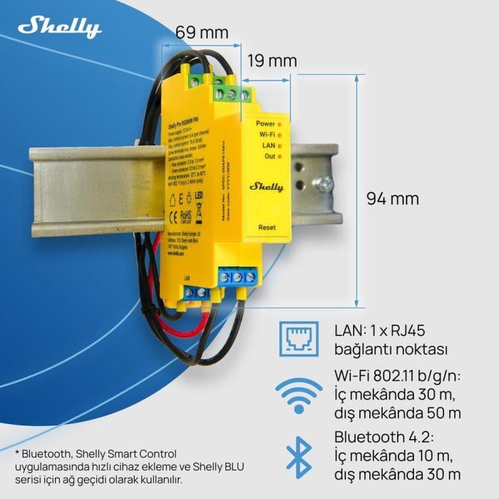 Shelly Pro RGBWW PM Akıllı LED Renk ve Parlaklık Kontrol Rölesi