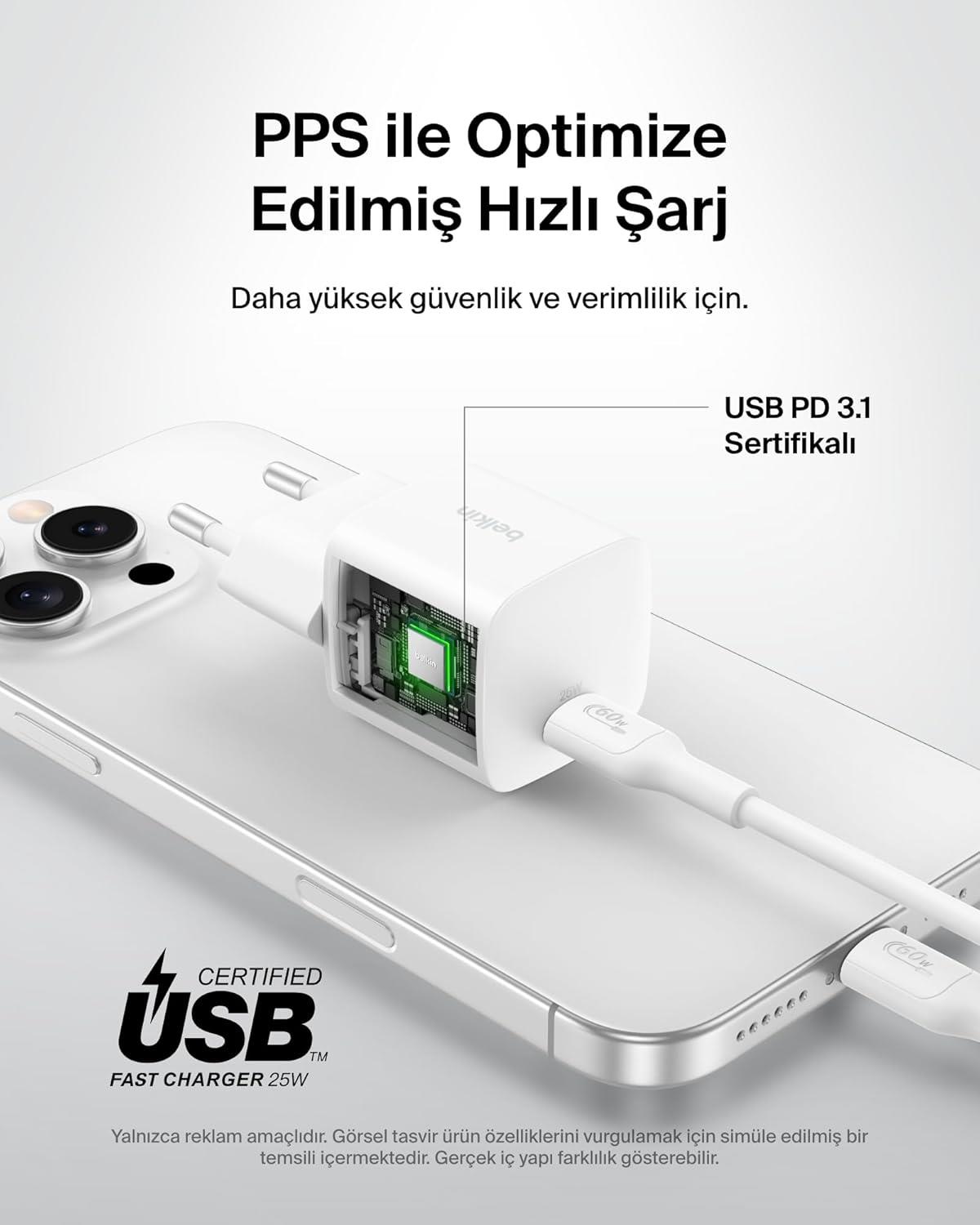 Belkin BoostCharge USB-C 25 W PD 3.0 PPS Hızlı Şarj Cihazı, Beyaz