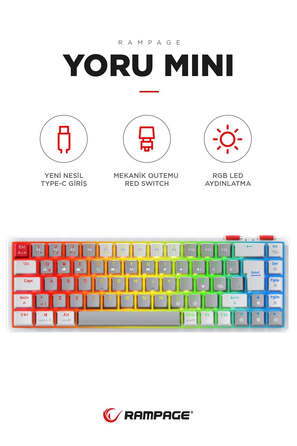 Rampage YORU Mini Gri/Beyaz Type-C Bağlantılı OUTEMU Red Swich Q Mekanik Gaming Oyuncu Klavye RGB