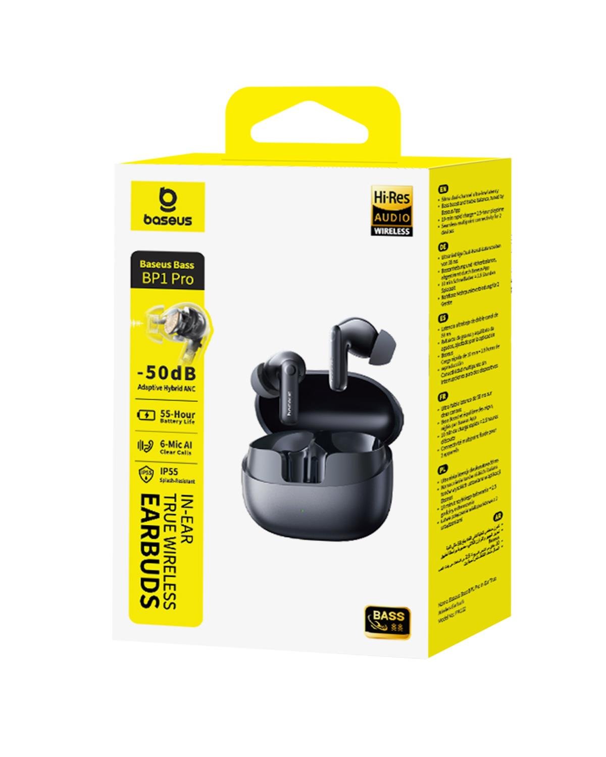 Baseus Bass BP1 Pro 50 dB Gürültü Engellemeli Kablosuz Kulaklık, 6 Mikrofonlu AI Net Arama, IP55, 55 Saat Oynatma Süresi, Bluetooth 6.0, Siyah