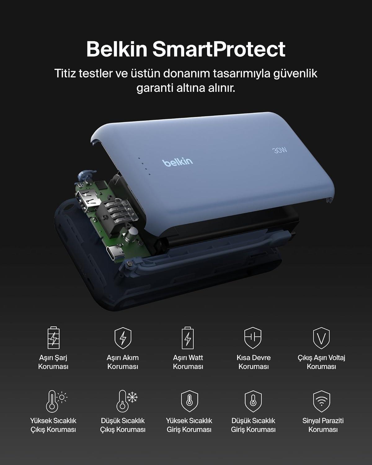 Belkin BoostCharge Powerbank, 20K Entegre Kablolu Taşınabilir Güç Kaynağı, 30 W Güç İletimli Hızlı Şarj, USB-C, Mavi