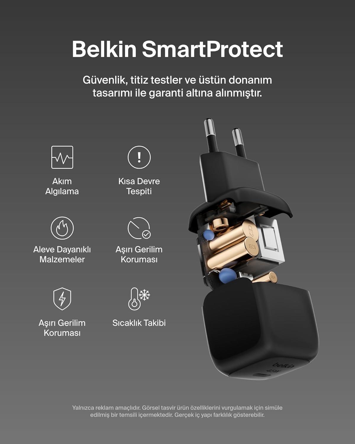 Belkin Kompakt Duvar Şarj Cihazı 45 W + USB-C - USB-C Kablosu, Siyah
