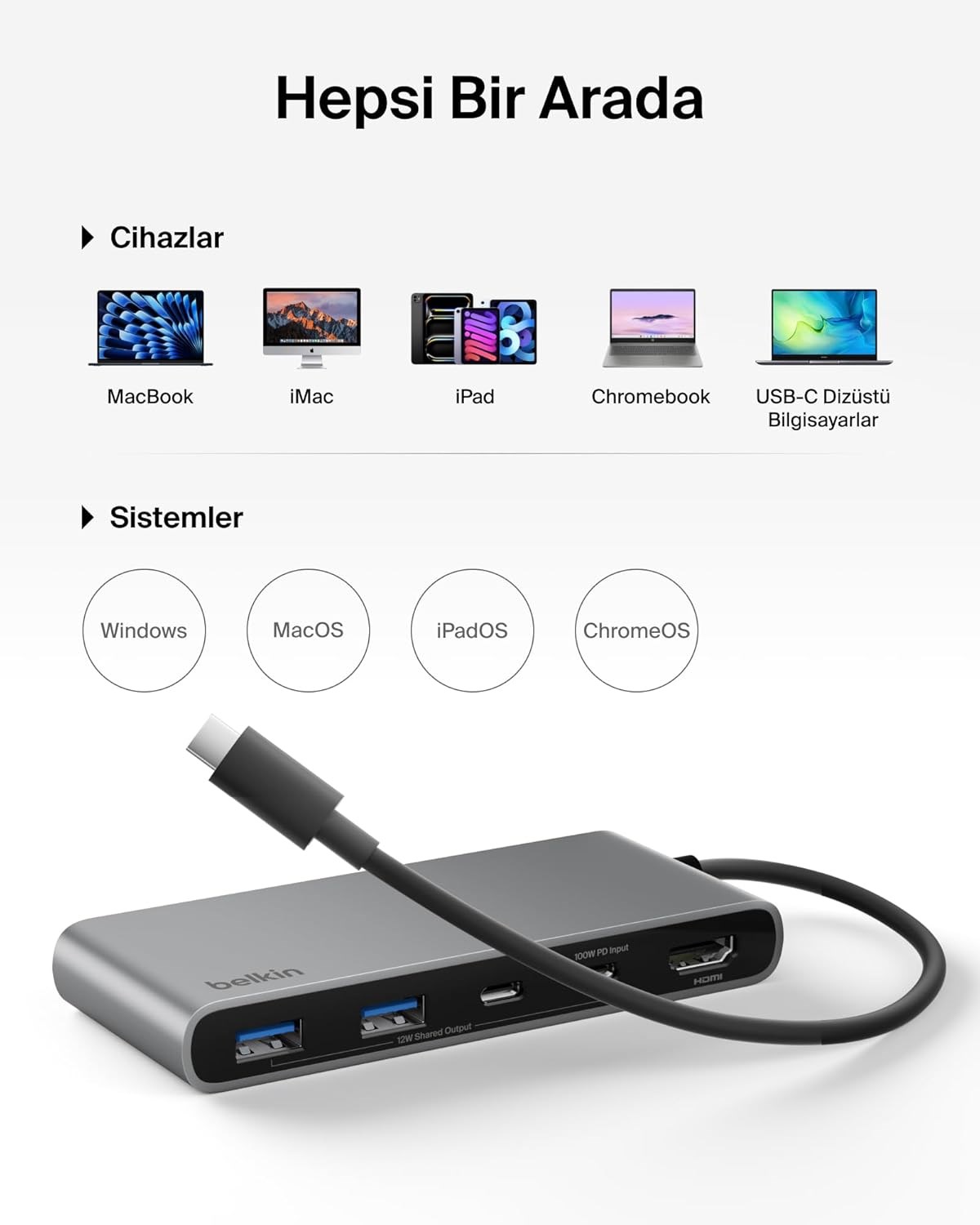 Belkin AVC023 7in1 100W USB-C Multiport Hub(2x USB-C , 2x USB-A , 1x HDMI 4K 60HZ , SD&Micro SD Card Reader) - Uzay Grisi