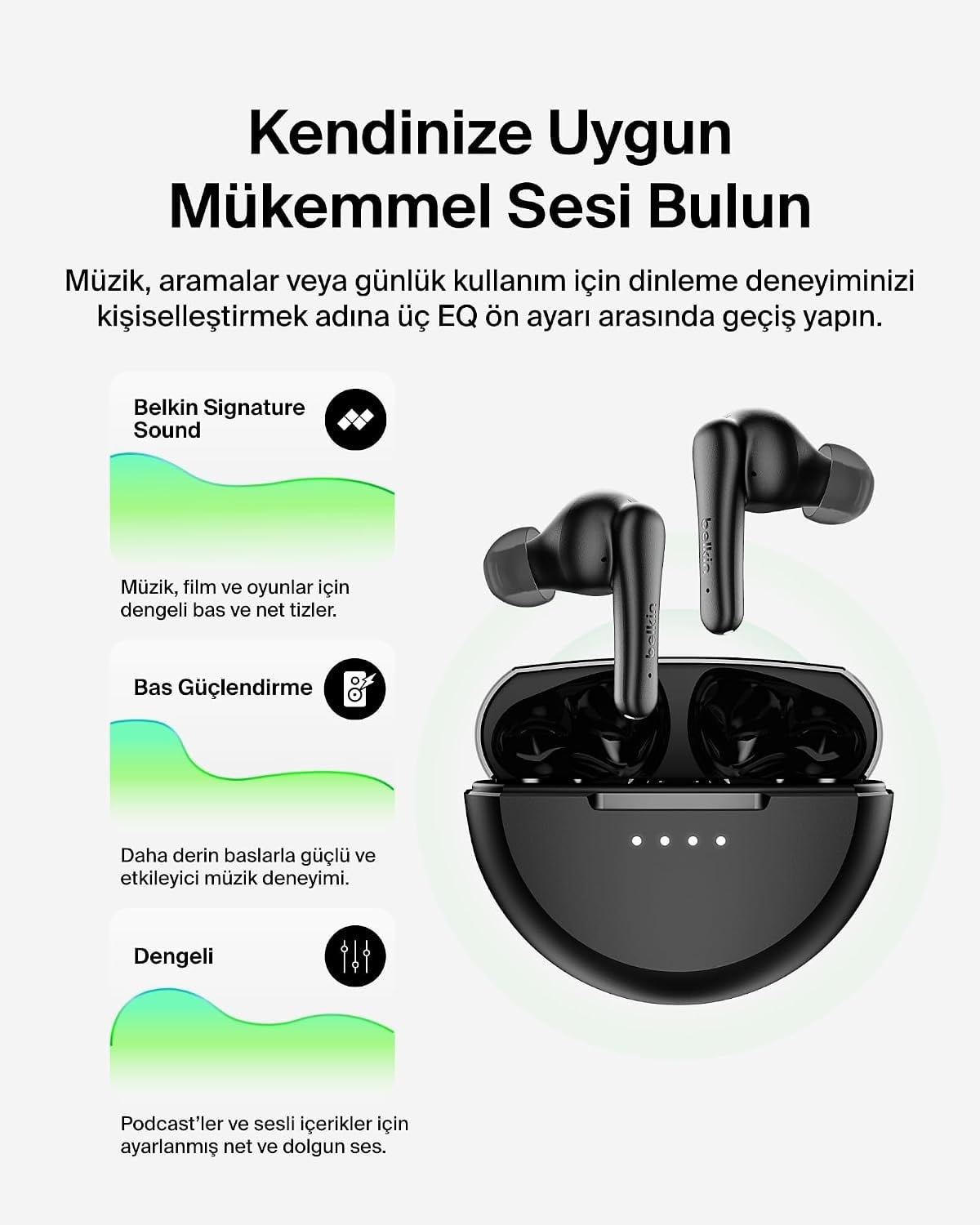 Belkin SoundForm Rhythm ANC Gerçek Kablosuz Kulak İçi Kulaklık, 28 Saat Pil Ömrü, IPX5 Suya Dayanıklılık, Siyah