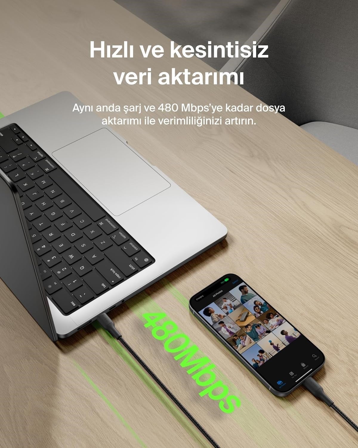 Belkin Eco Örgülü USB-C - USB-C 240W, 2M Hızlı Şarj Kablosu