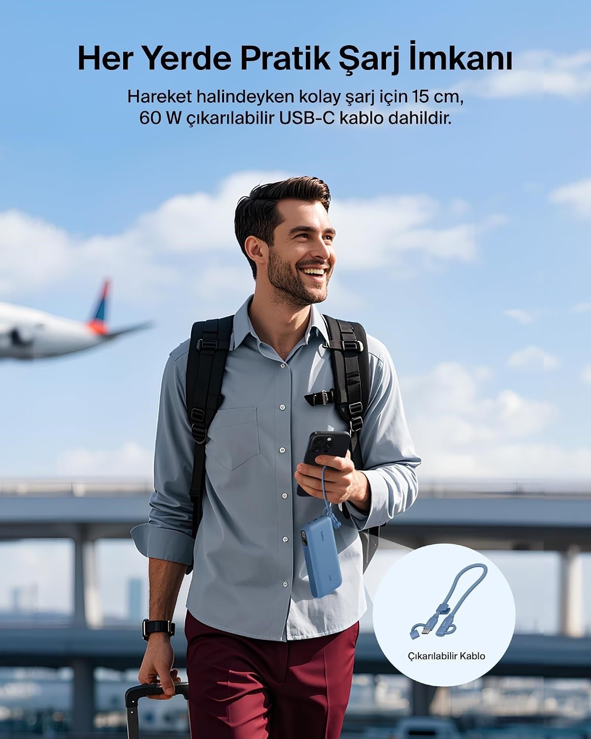 Belkin Boostcharge Power Bank 20000 Mah  Display, PD 20W  USB-C Kablolu, Mavi