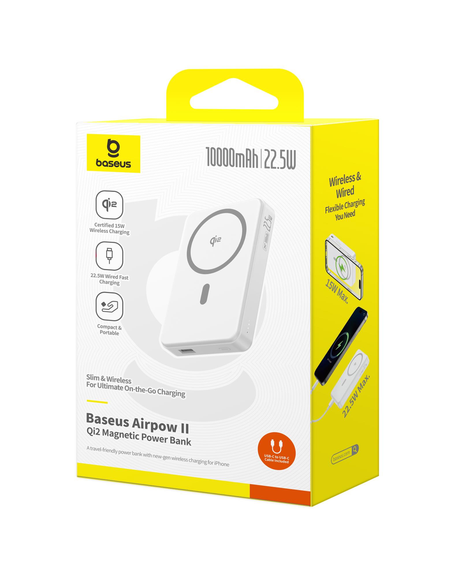 Baseus Airpow II Qi2 10000mAh MagSafe Powerbank 15W Kablosuz + 22,5W USB-A + 20W PD USB-C, Beyaz
