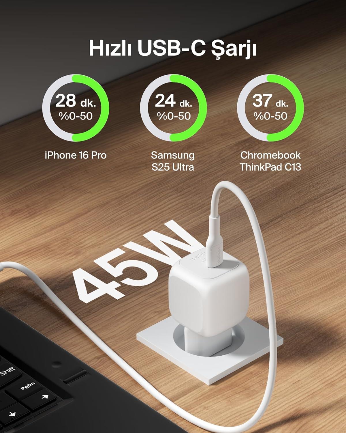 Belkin Kompakt Hızlı Şarj Cihazı 45 W + USB-C - USB-C Kablosu, Beyaz
