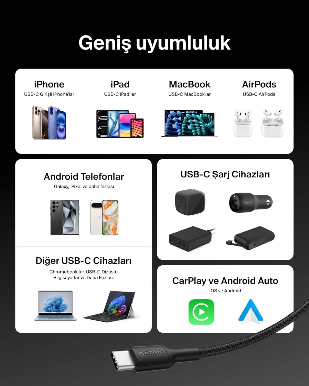 Belkin Eco Örgülü USB-C - USB-C 3 m, 240 W Tip-C Şarj Kablosu - Siyah