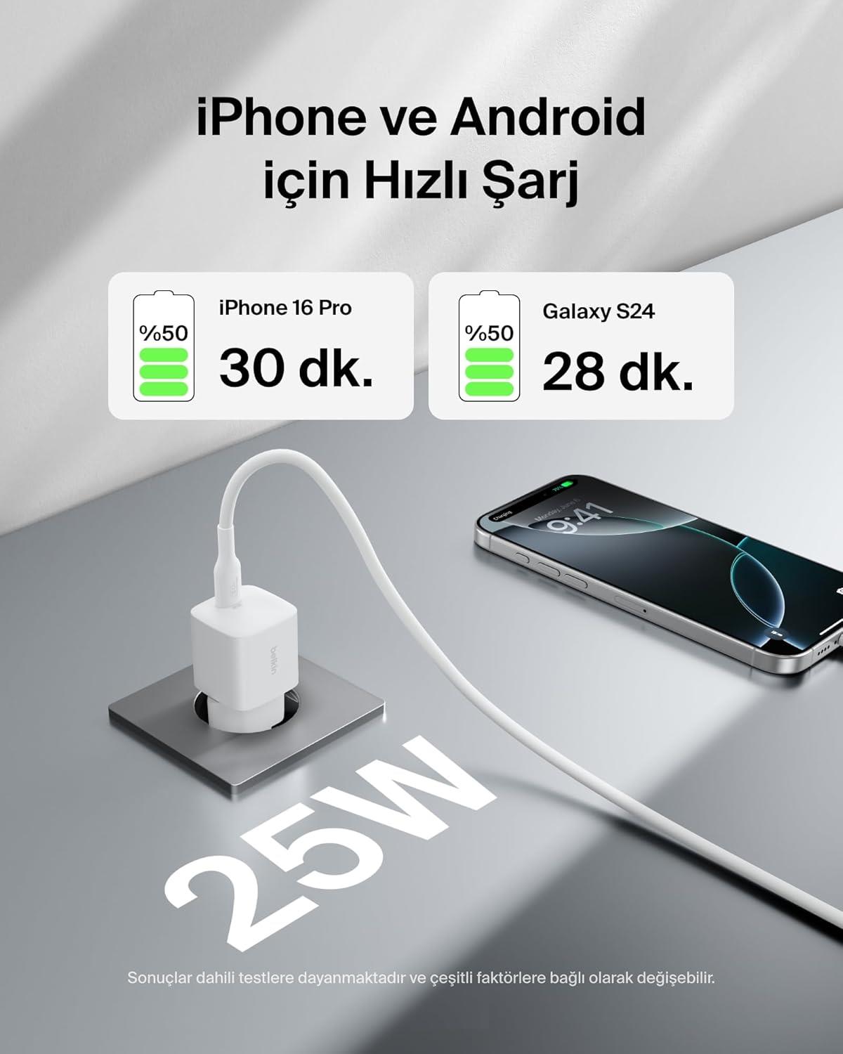 Belkin BoostCharge USB-C 25 W PD 3.0 PPS Hızlı Şarj Cihazı, Beyaz