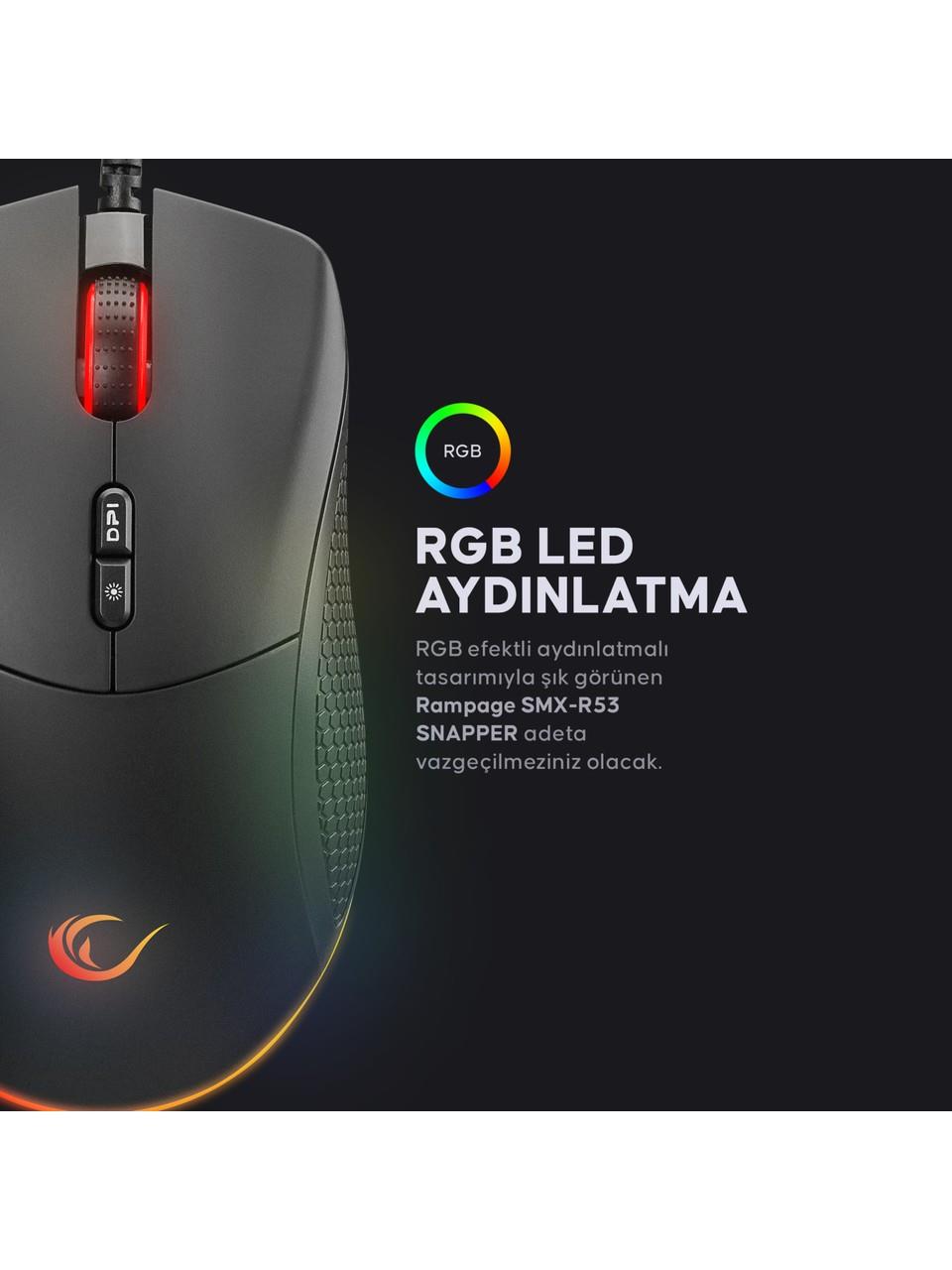 Rampage SMX-R53 SNAPPER Usb Siyah 7200 dpi RGB Aydınlatmalı Gaming Oyuncu Mouse