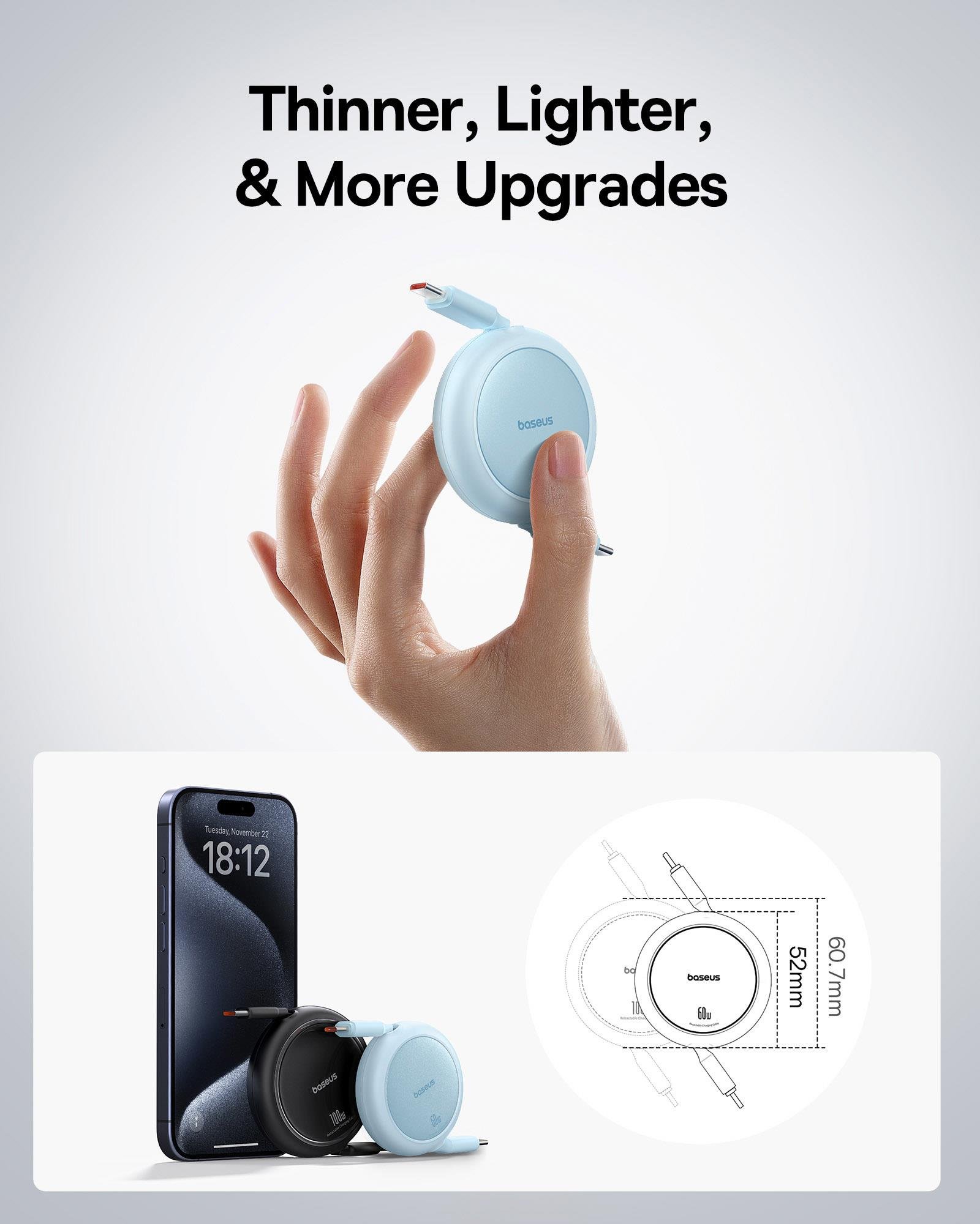 Baseus Free2Pull Mini Makaralı USB-C 60W Hızlı Şarj ve Data Kablosu, Mavi