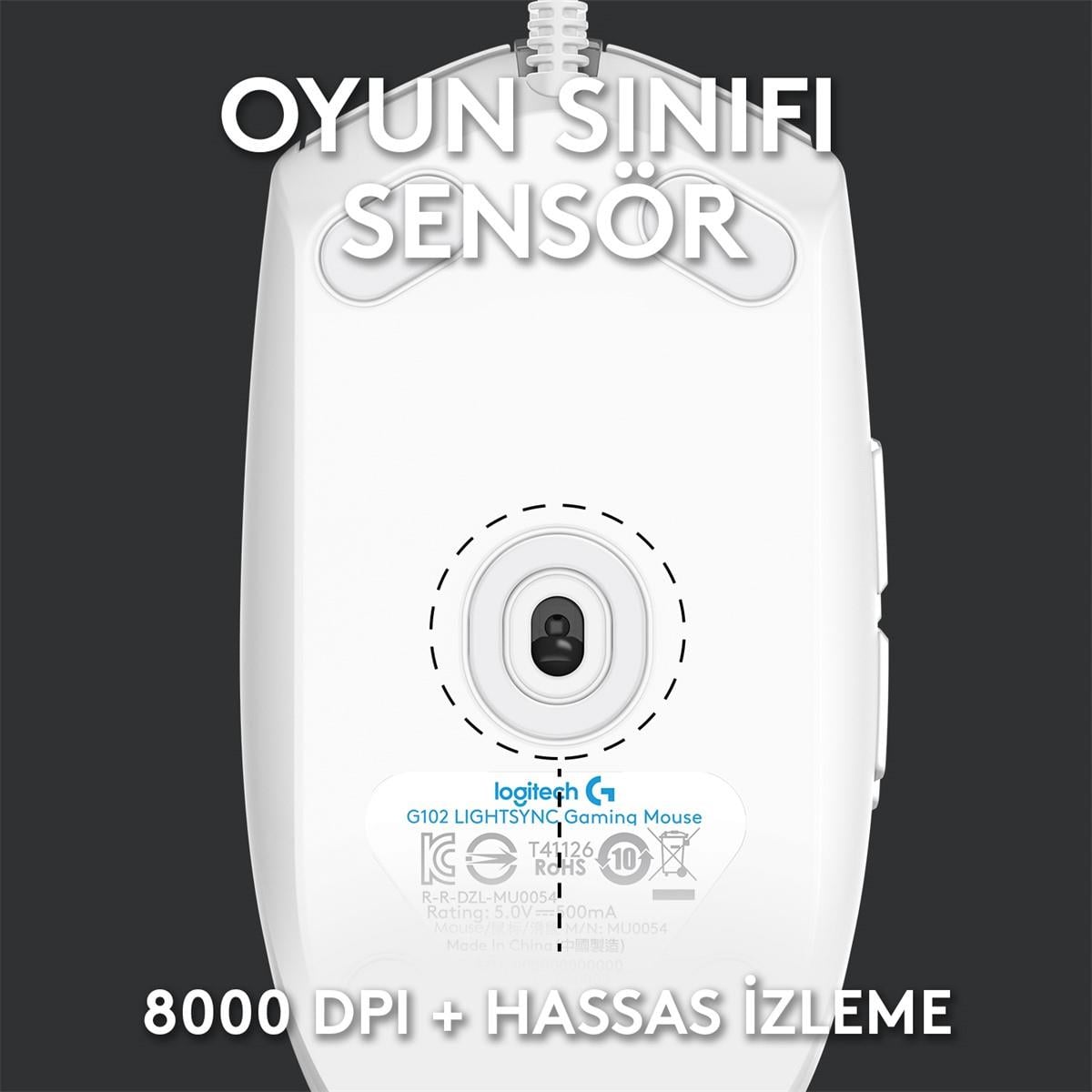 LOGITECH G G102 LIGHTSYNC RGB AYDINLATMALI 8.000 DPI KABLOLU OYUNCU MOUSE BEYAZ 910-005824