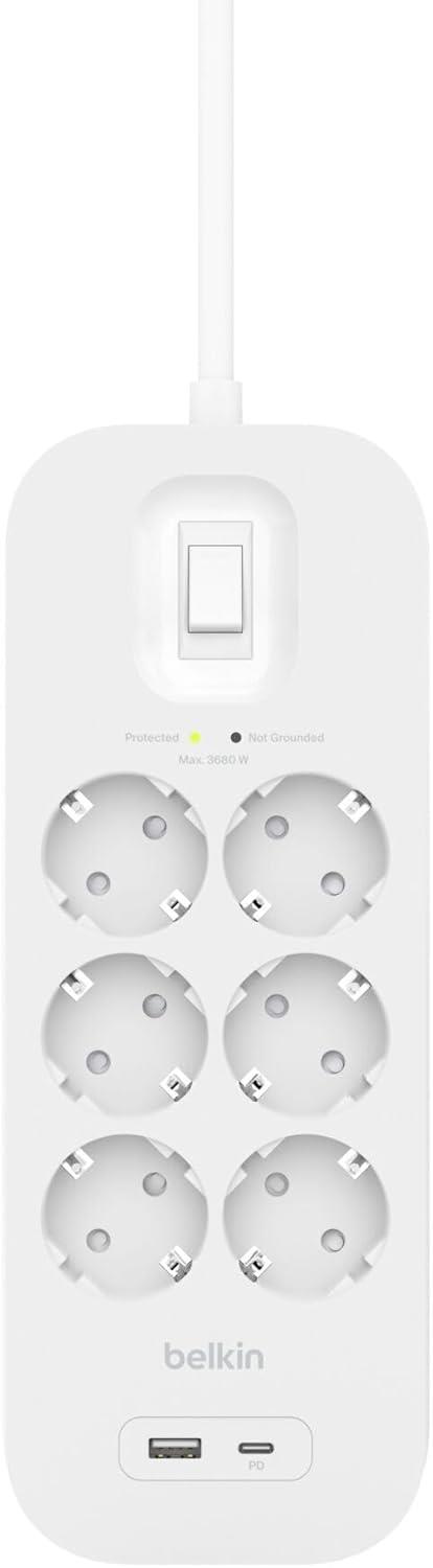 Belkin 6'lı Yüksek Gerilim Korumalı Çoklu Priz, Hızlı şarj için USB-C ve USB-A bağlantısı 650 jul koruma 2m, Beyaz