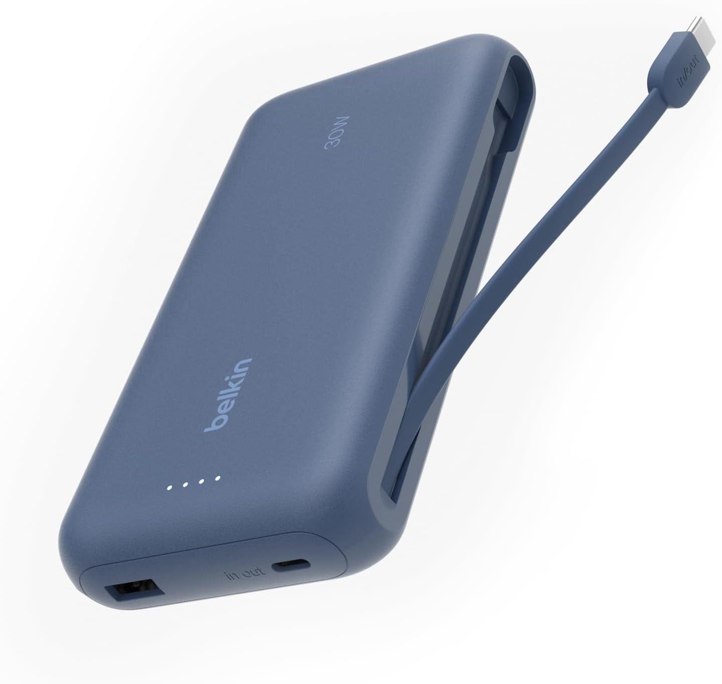 Belkin BoostCharge Powerbank, 20K Entegre Kablolu Taşınabilir Güç Kaynağı, 30 W Güç İletimli Hızlı Şarj, USB-C, Mavi