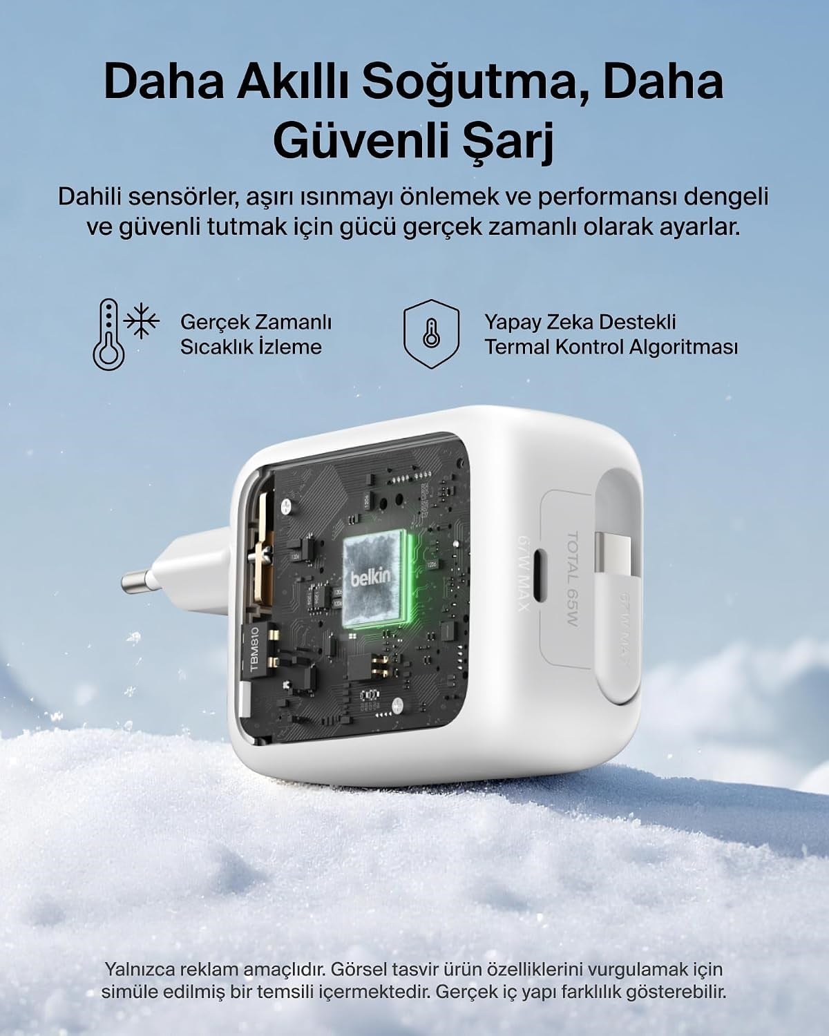 Belkin UltraCharge 67 W GaN Şarj Aleti, 0,8 m Geri Çekilebilir USB-C Kablo ile, Beyaz