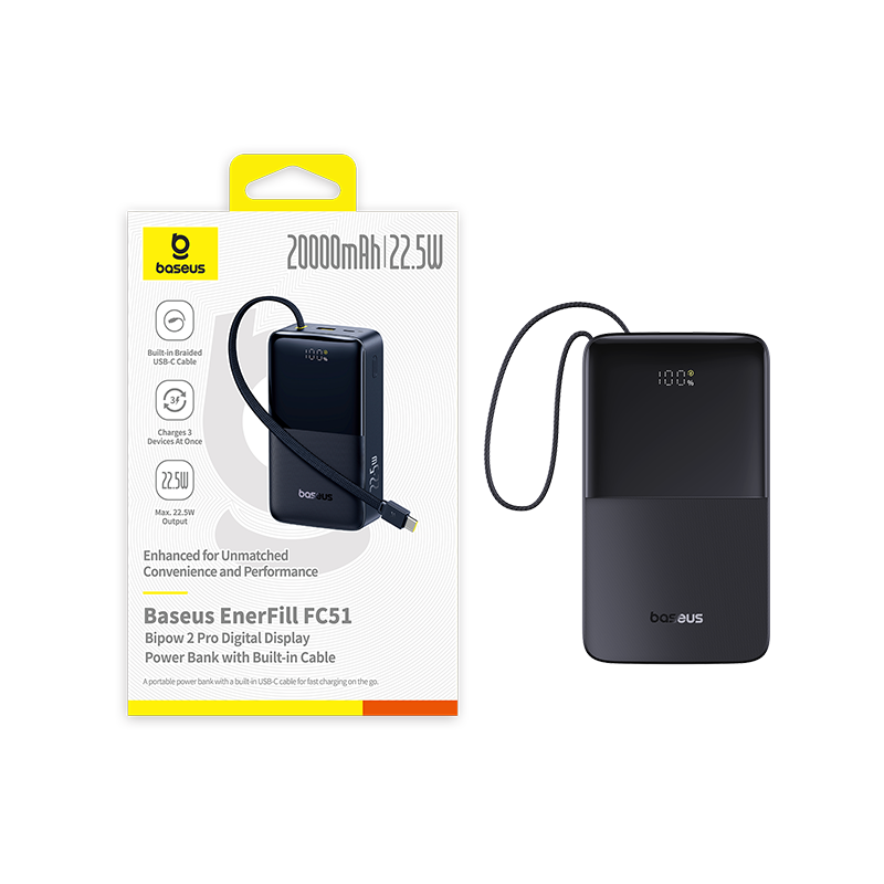 Baseus EnerFill Bipow2 Pro 20000mAh Dahili USB-C Kablolu, 22,5 W Hızlı Şarjlı, LED Ekranlı Powerbank, Siyah