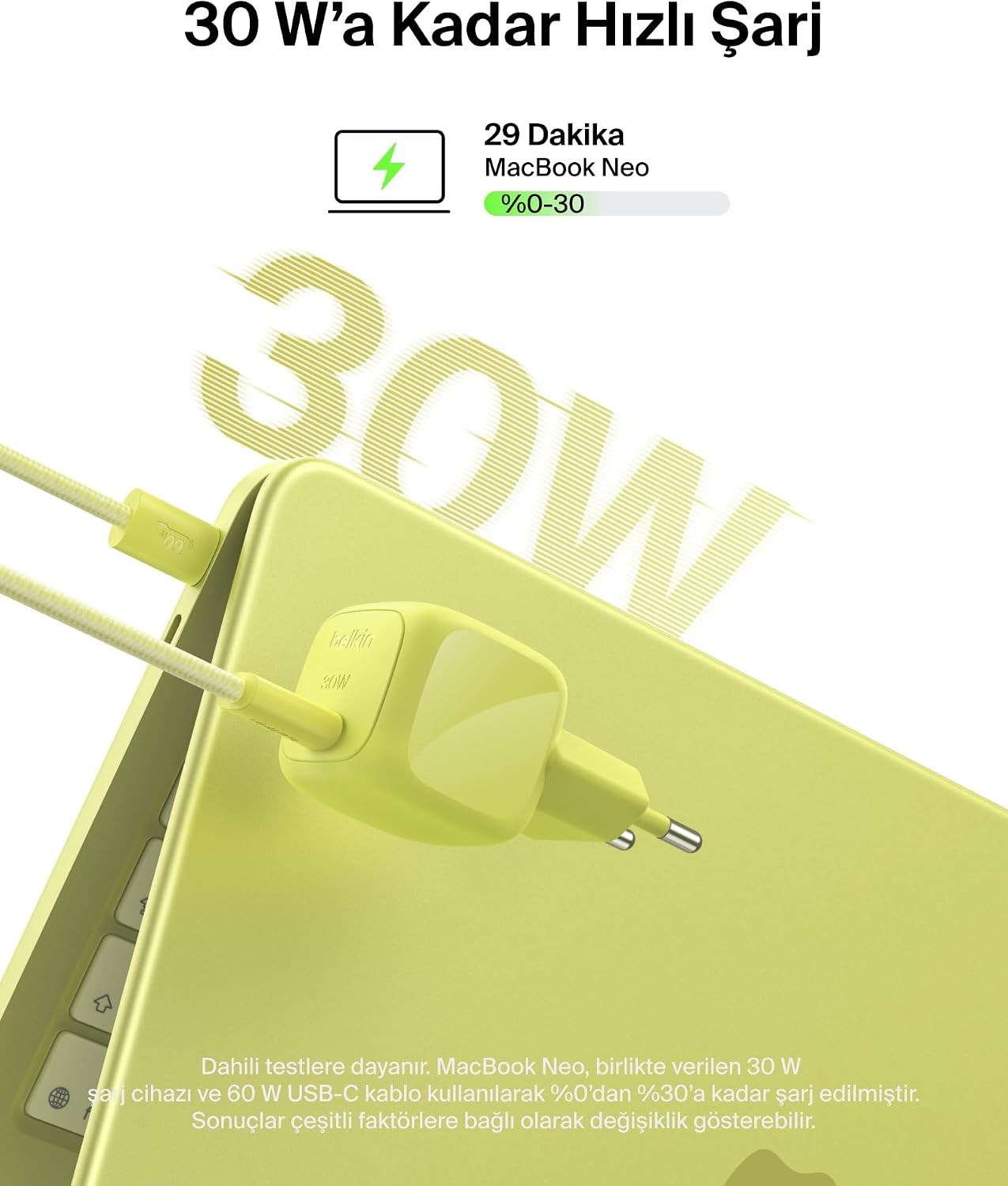 Belkin BoostCharge 30 W USB-C GaN Şarj Cihazı + 2 m Örgülü USB-C Kablo dahil, Yeşil