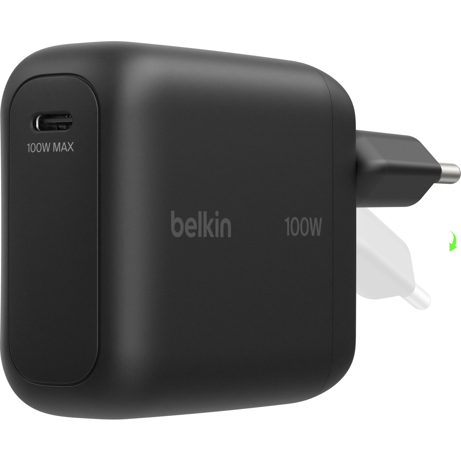 Belkin BoostCharge USB-C Fiş Tipi Şarj Cihazı 100 W, GaN Kompakt ve Katlanabilir MacBook ve İphone için Hızlı Şarj, 1,5 m USB-C Kablo dahil, Siyah