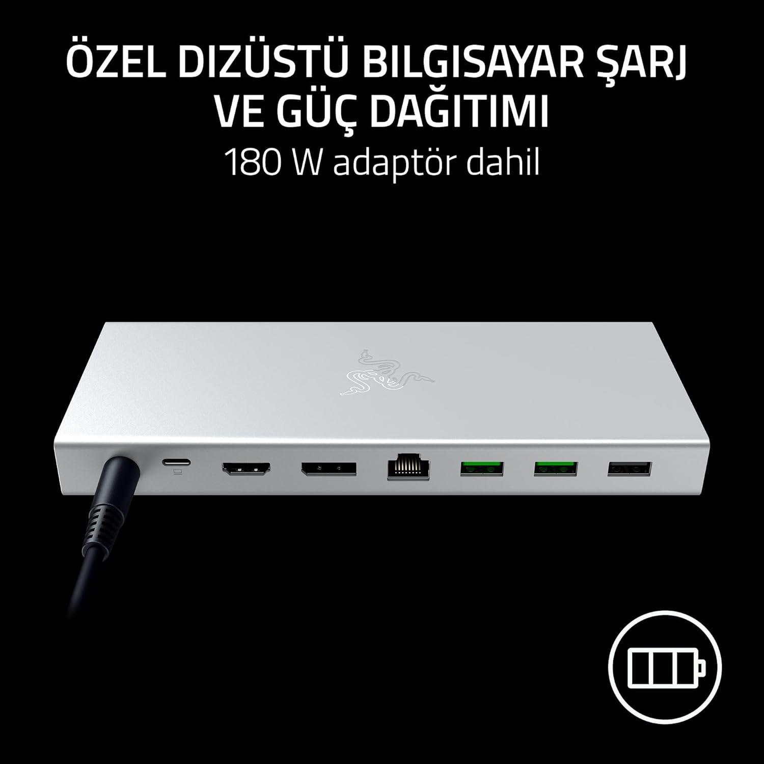 Razer USB 4 Dock - Oyun ve Üretkenlik için 14 Bağlantı Noktalı Yüksek Hızlı Dock - Çift Ekran Desteği, Cihaz Şarjı (3x USB-C, 5x USB-A, HDMI, DisplayPort, Gigabit Ethernet) Mercury