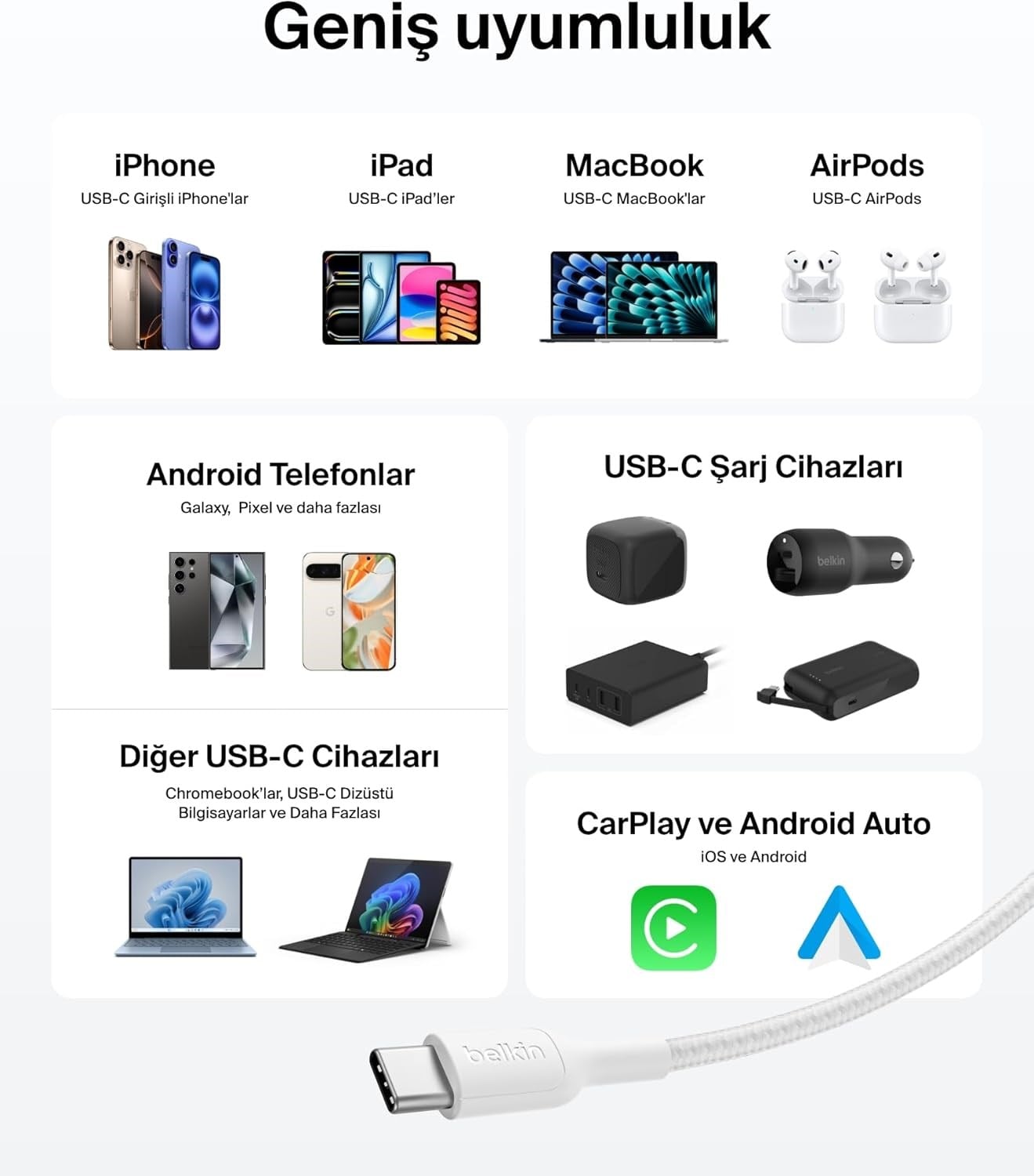 Belkin Eco Örgülü USB-C - USB-C  1 m, 240 W,  Tip-C Hızlı Şarj Kablosu - Beyaz (USB 2.0)