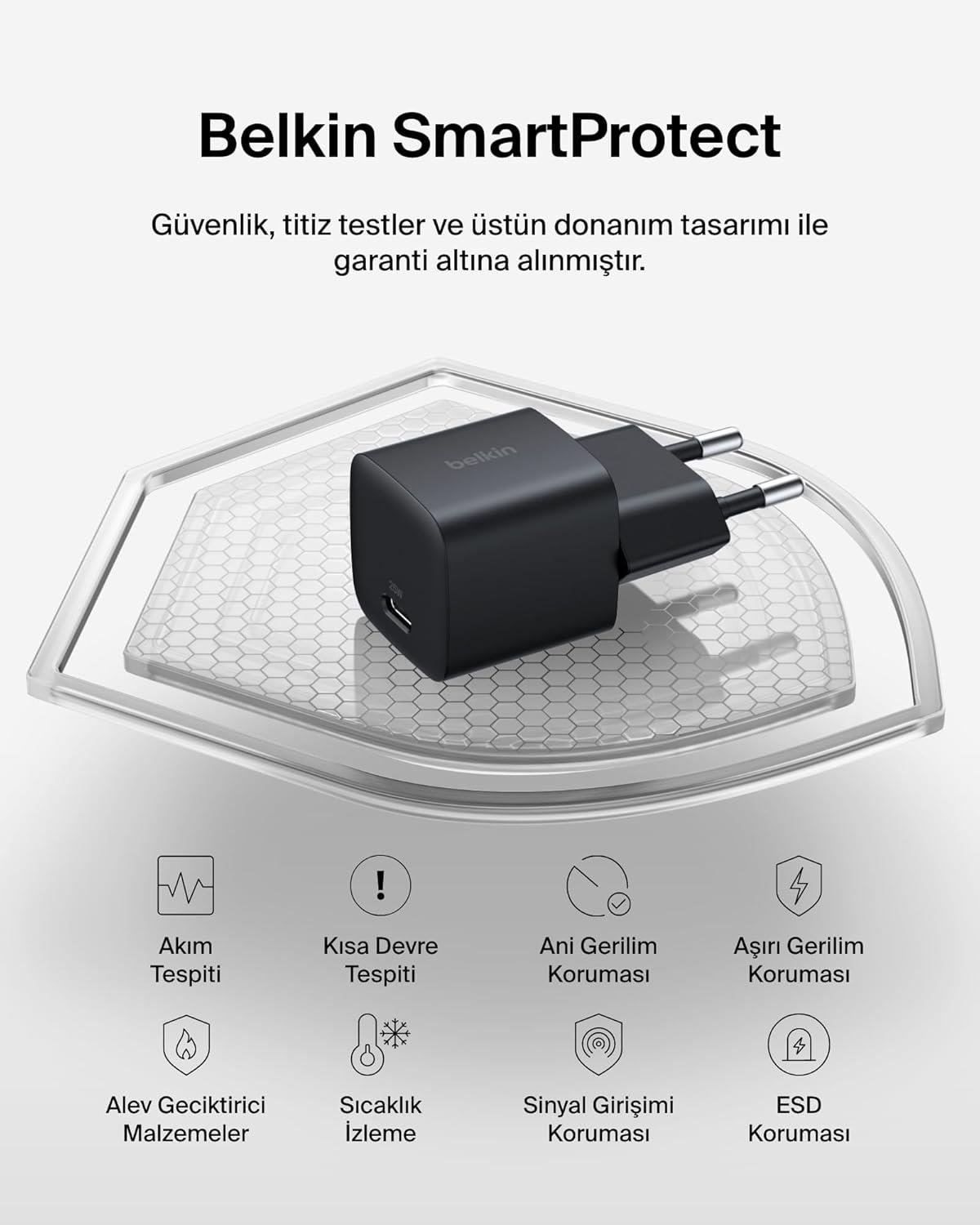 Belkin USB-C 25 W PD 3.0 PPS Hızlı Şarj Cihazı, Siyah