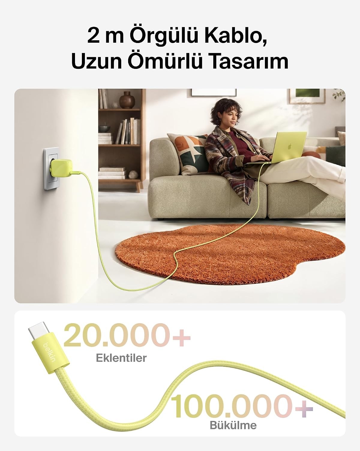 Belkin BoostCharge 30 W USB-C GaN Şarj Cihazı + 2 m Örgülü USB-C Kablo dahil, Yeşil