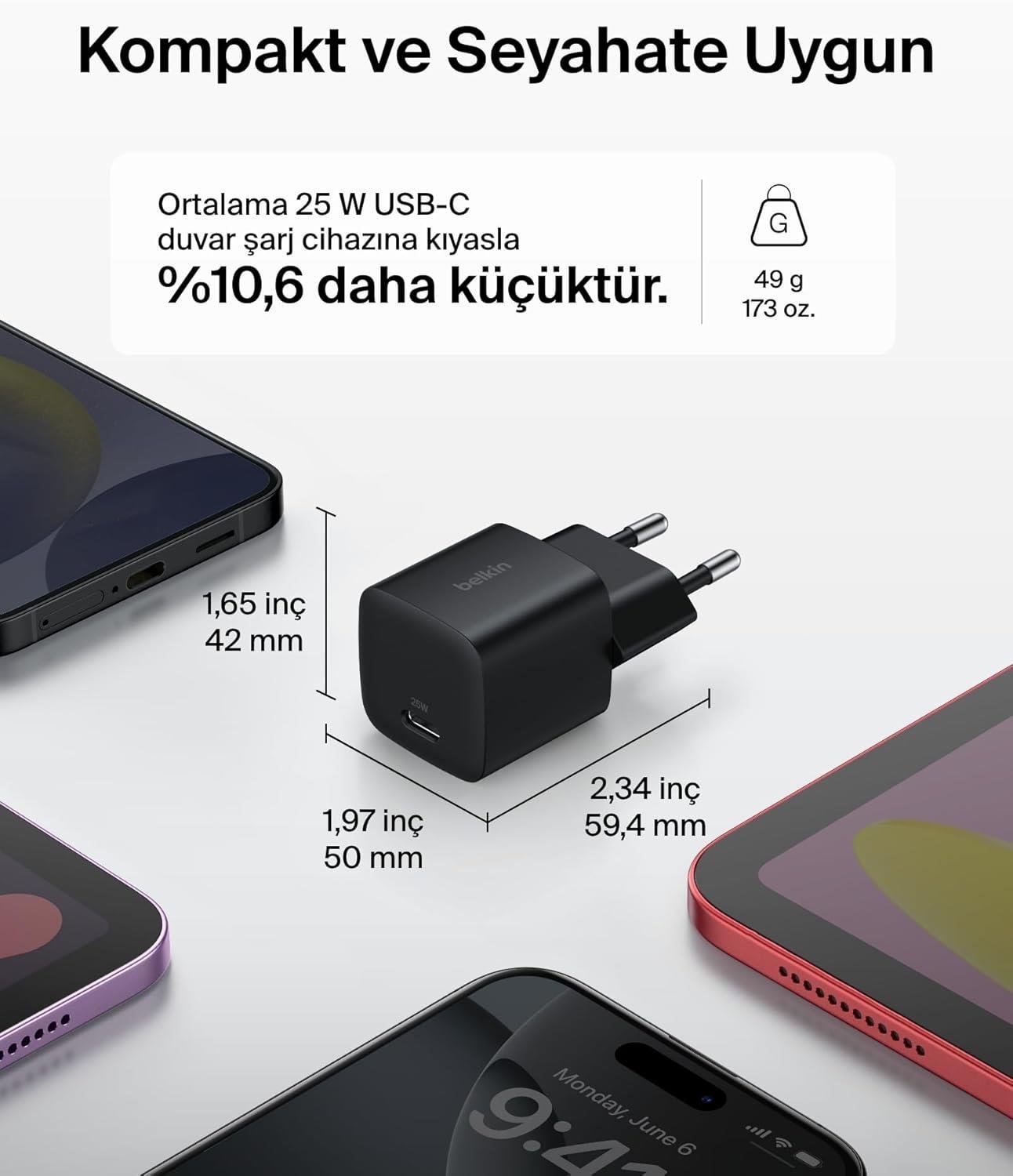 Belkin USB-C 25 W PD 3.0 PPS Hızlı Şarj Cihazı, Siyah