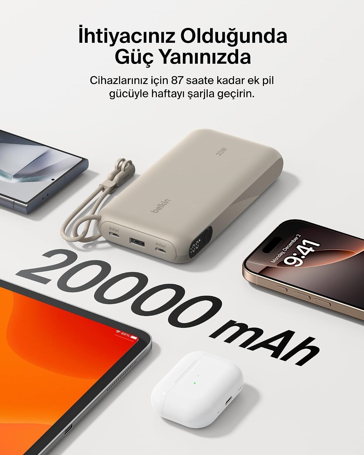 Belkin Boostcharge Power Bank 20000 Mah  Display, PD 20W  USB-C Kablolu, Kum Rengi