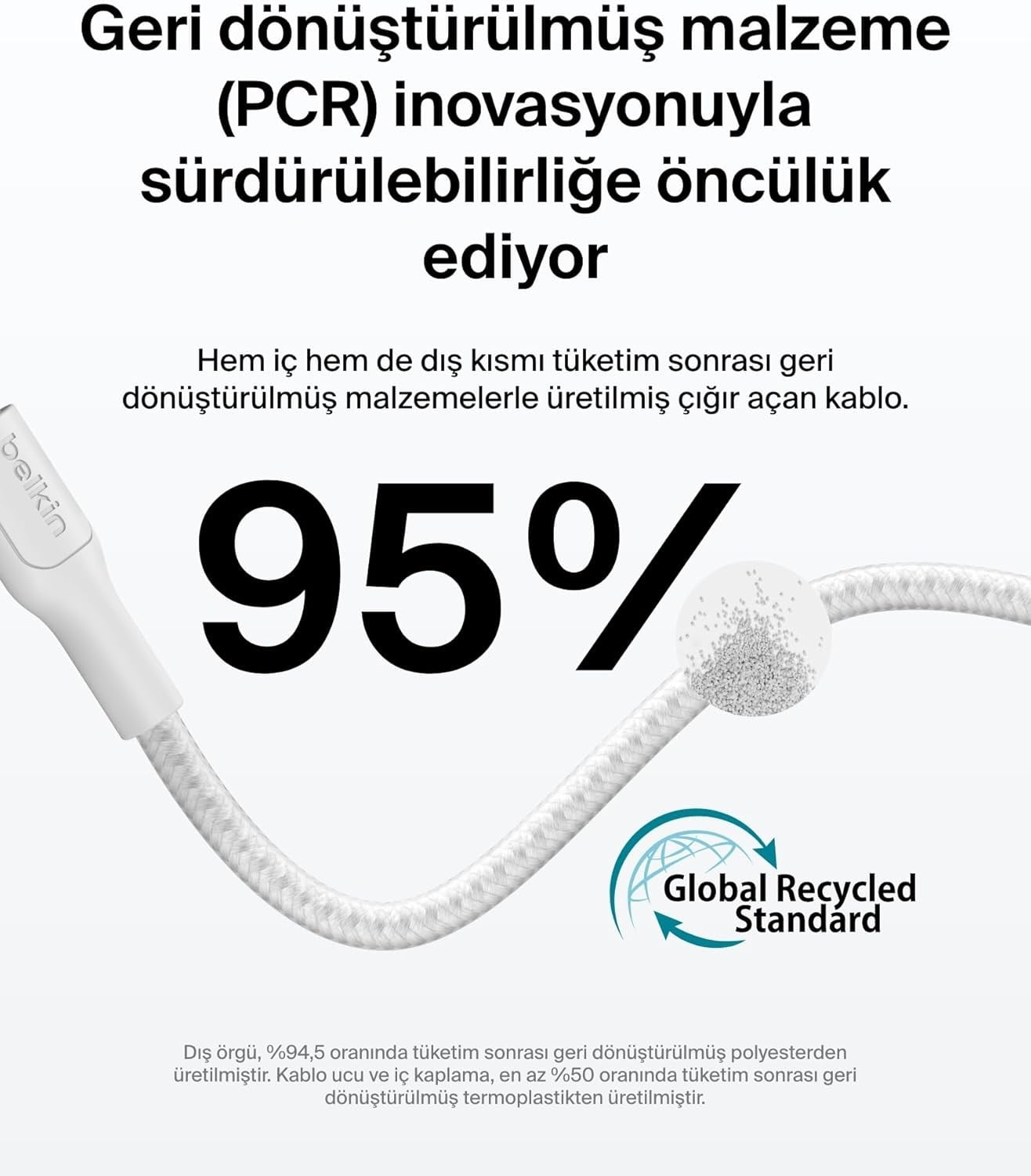 Belkin Eco Örgülü USB-C - USB-C  1 m, 240 W,  Tip-C Hızlı Şarj Kablosu - Beyaz (USB 2.0)