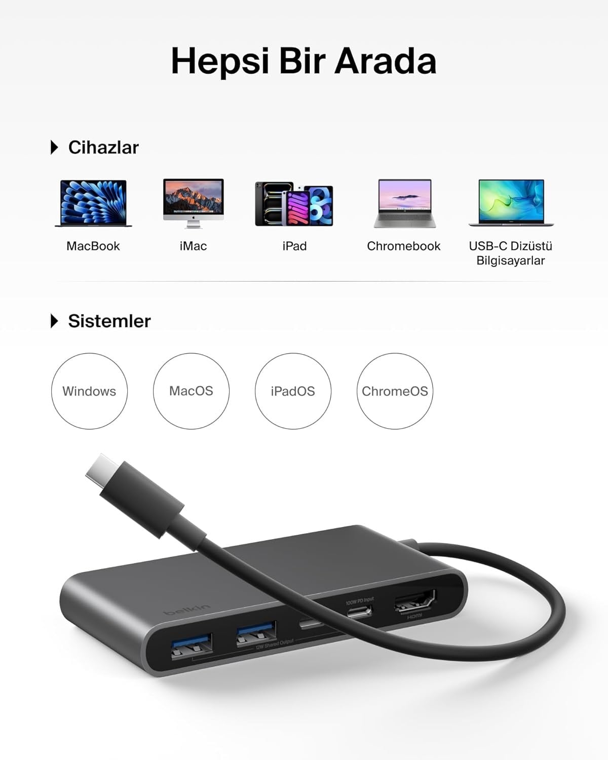 Belkin USB-C Hub, 5 Portlu, 60 Hz'de 4K HDMI Ekran Desteği, 100W Güç İletimi, 5Gbps  USB-C Çoklu Port Adaptörü, Gri