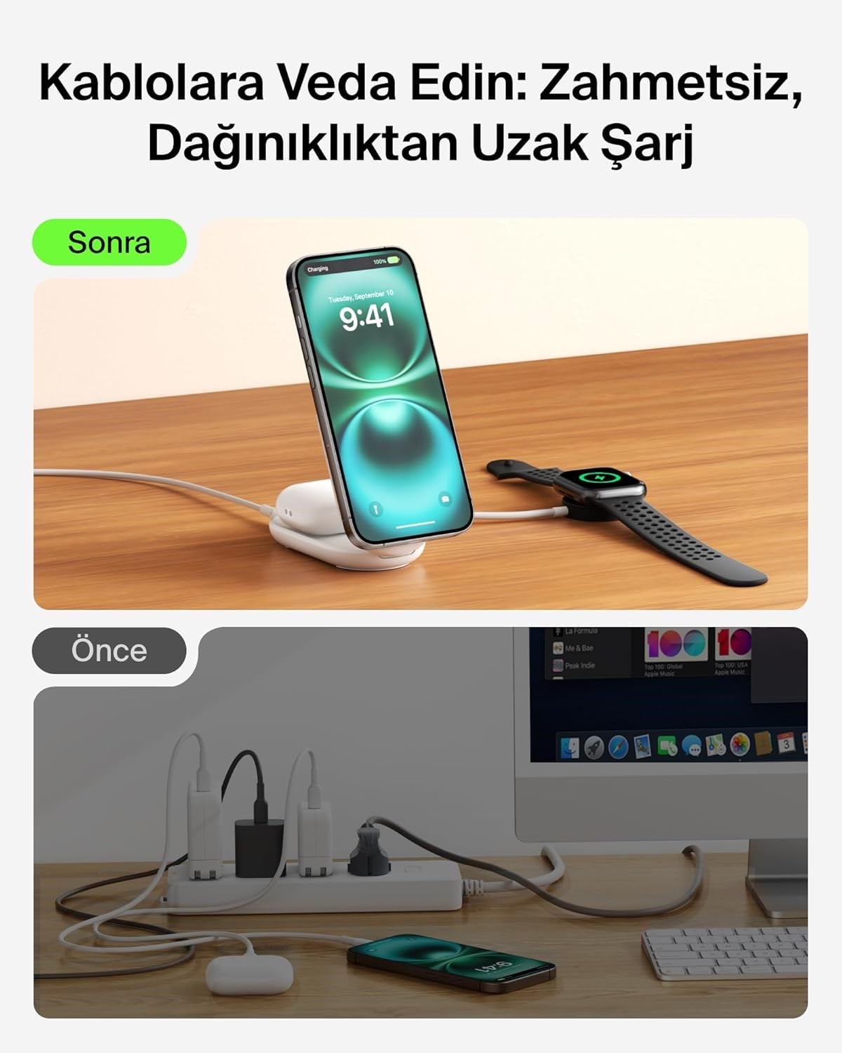 Belkin UltraCharge MagSafe Uyumlu 2'si 1 Arada Qi2 25W Kablosuz Şarj İstasyonu, USB-C Portlu, 45W Adaptör, Beyaz