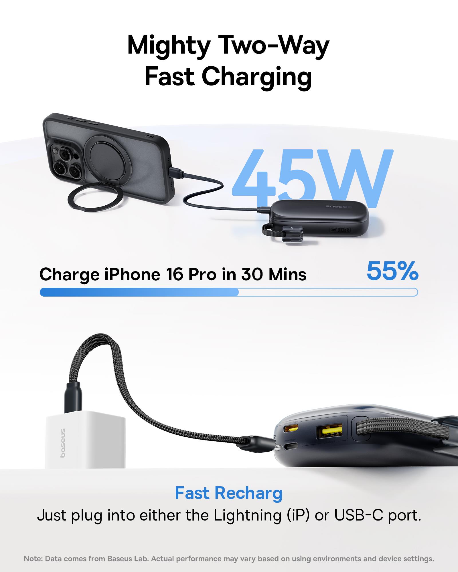 Baseus EnerFill FC21 QPow3 Ultra Dijital Göstergeli Powerbank 20.000 mAh 45W - Siyah (Ayrılabilir kablo ile)