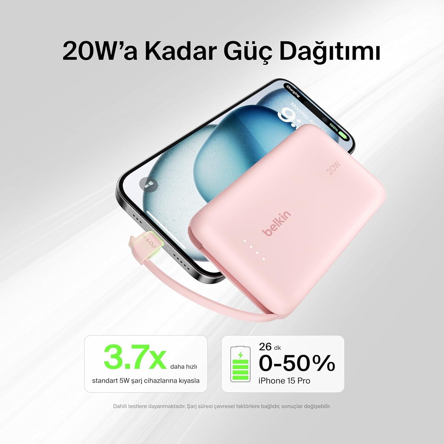 Belkin BoostCharge Powerbank, Entegre Type-C Kablolu 10K PD 20W, Pembe