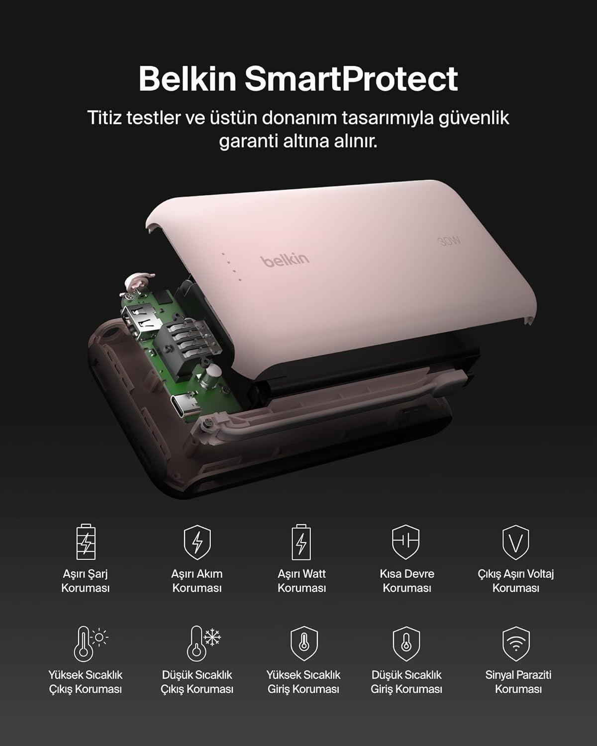 Belkin BoostCharge Powerbank, 20K Entegre Kablolu Taşınabilir Güç Kaynağı, 30 W Güç İletimli Hızlı Şarj, USB-C, Pembe
