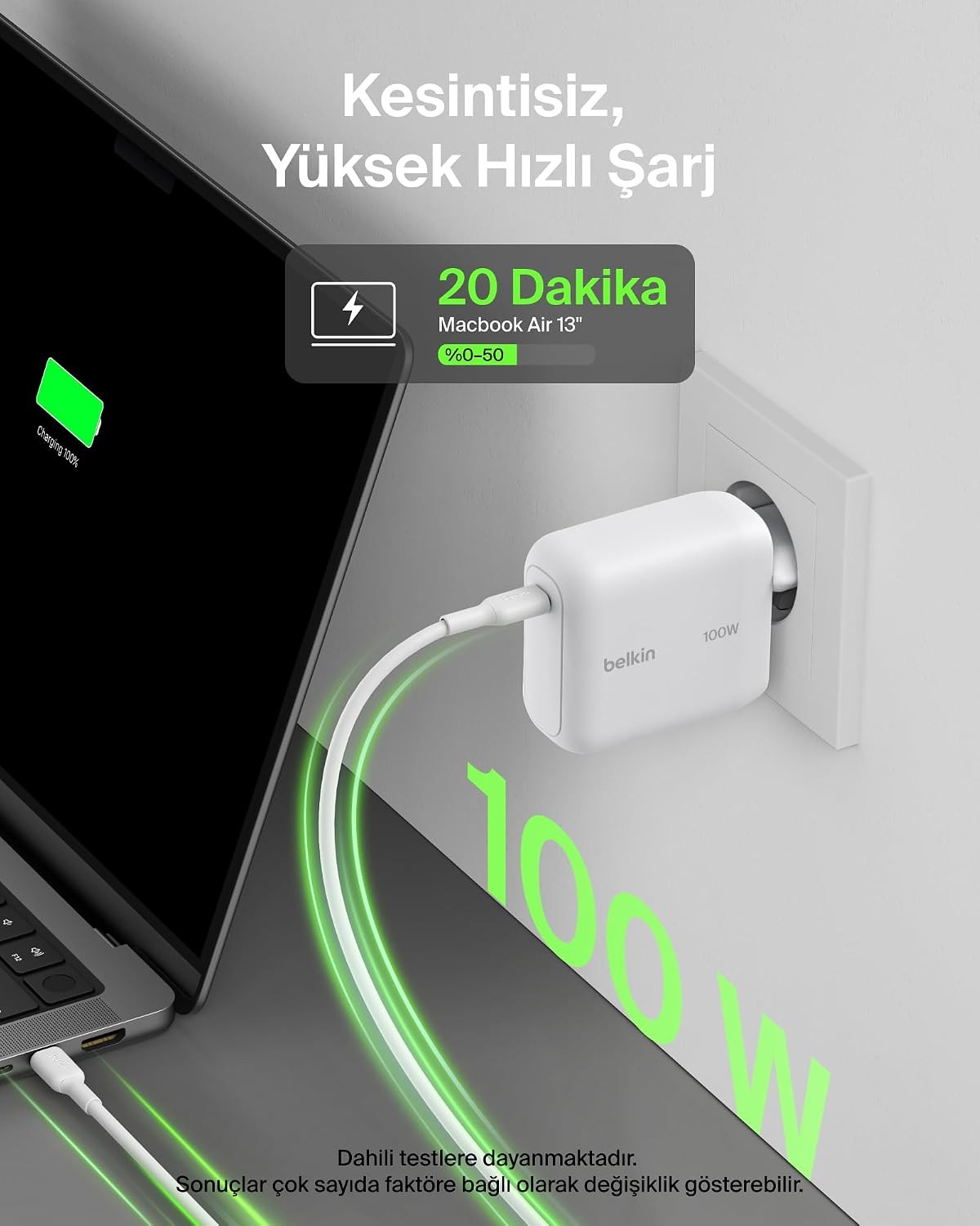Belkin BoostCharge USB-C Fiş Tipi Şarj Cihazı 100 W, GaN Kompakt ve Katlanabilir, Beyaz