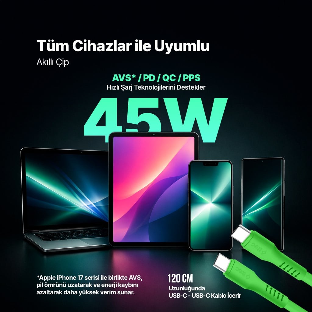 ttec SmartCharger GAN 45W AVS PD Seyahat Hızlı Şarj Aleti + USB-C - USB-C 3A Kablo Neon Neon Pembe