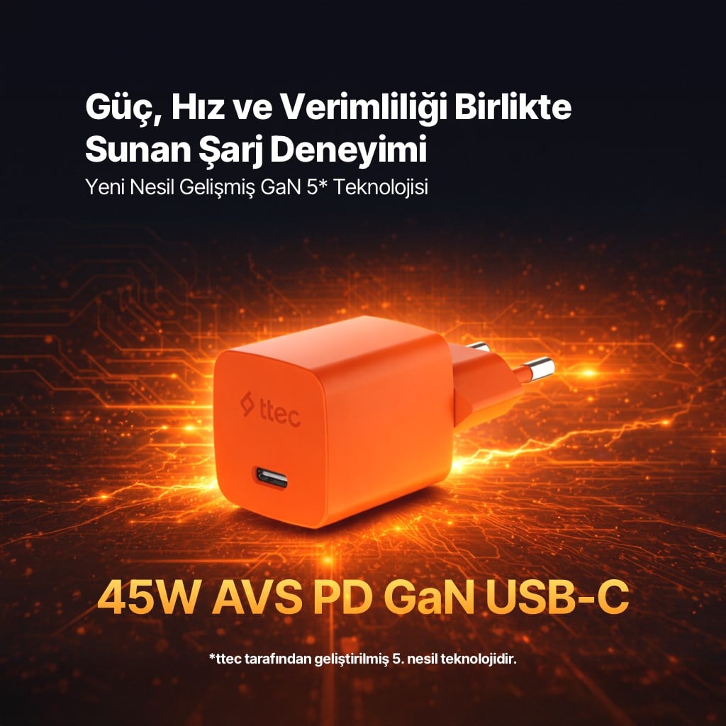 ttec SmartCharger GAN 45W AVS PD Seyahat Hızlı Şarj Aleti + USB-C - USB-C 3A Kablo Neon Neon Pembe