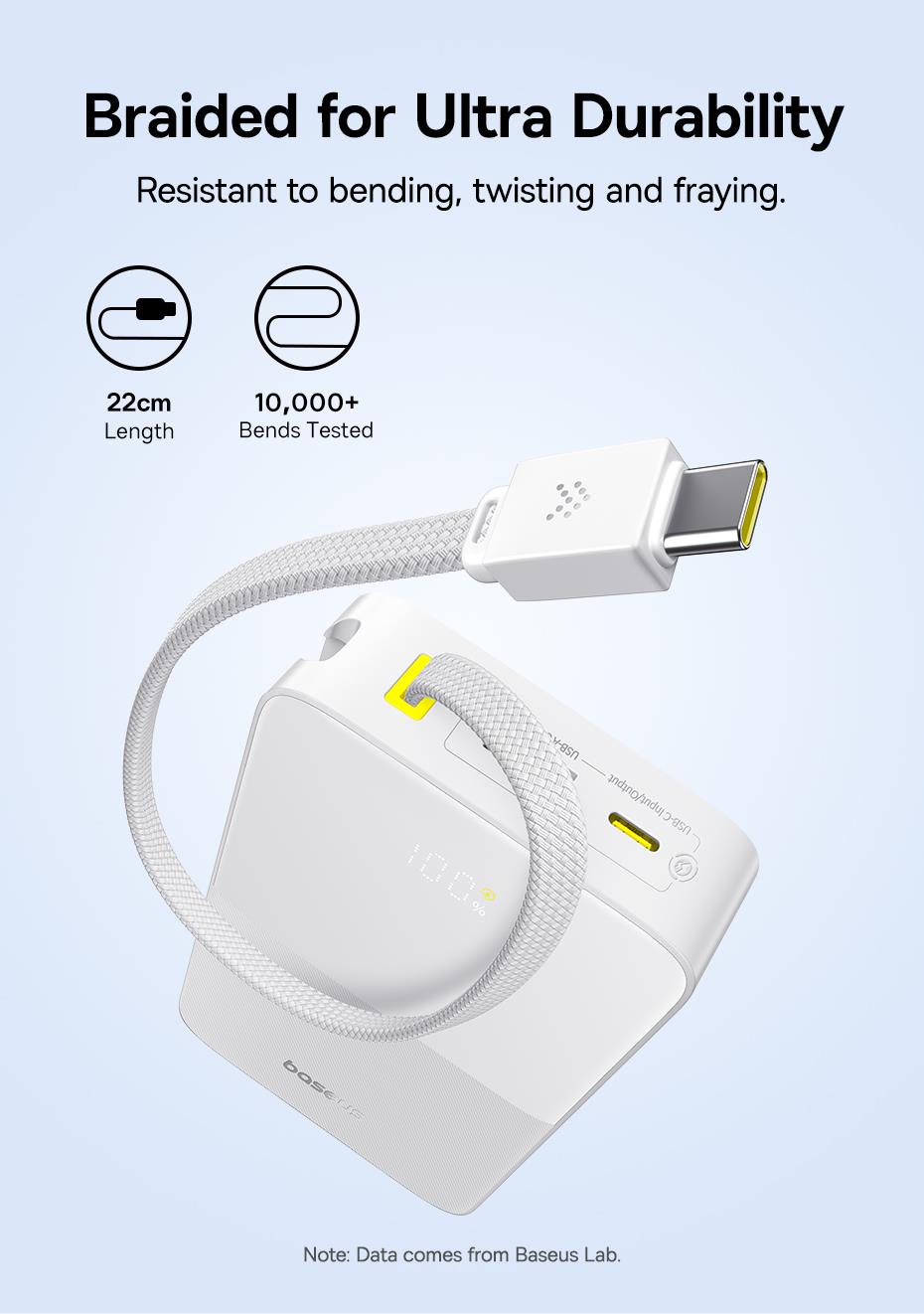 Baseus EnerFill Bipow2 Pro 20000mAh Dahili USB-C Kablolu, 22,5 W Hızlı Şarjlı, LED Ekranlı Powerbank, Beyaz