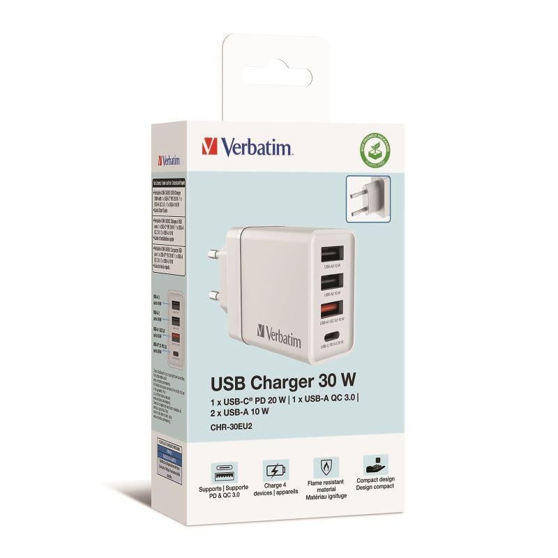 Verbatim 49701 CHR-30 30W 4 Bağlantı Noktalı USB Duvar Şarj Cihazı - Beyaz 1 x USB-C PD 20W / 1 x U