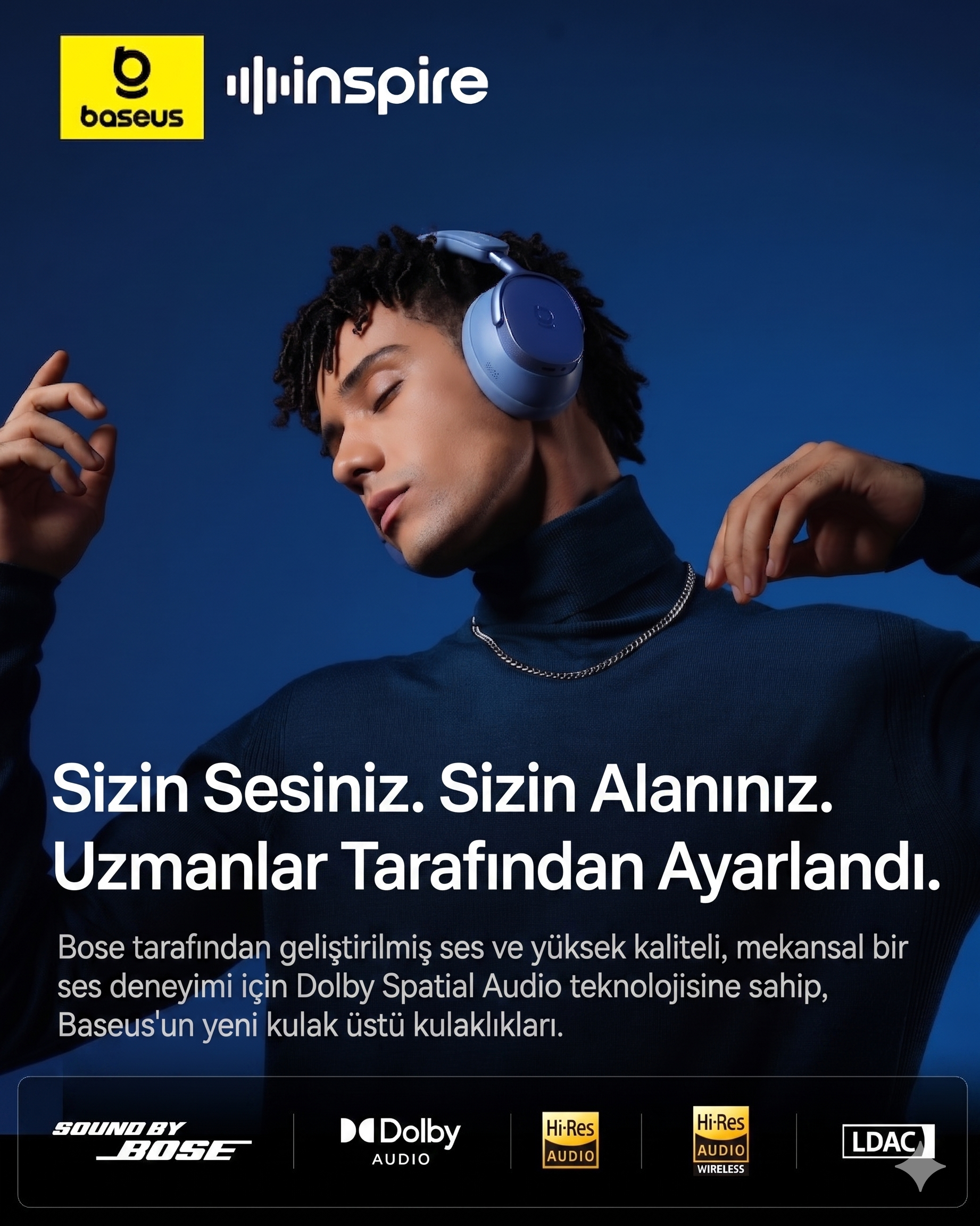 Baseus Inspire Sound by Bose XH1 ANC 100 saat çalma süresi 4 mikrofon BT6.0 Kablosuz Kulak Üstü Kulaklık, Mavi