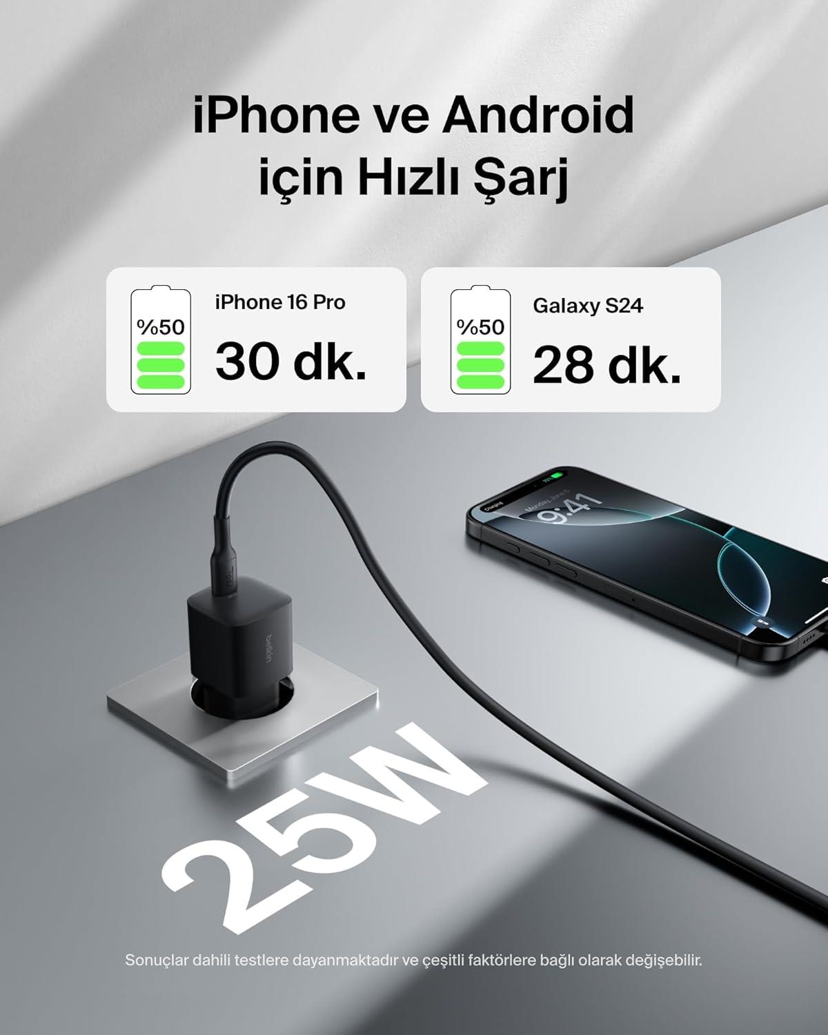 Belkin USB-C 25 W PD 3.0 PPS Hızlı Şarj Cihazı, Siyah