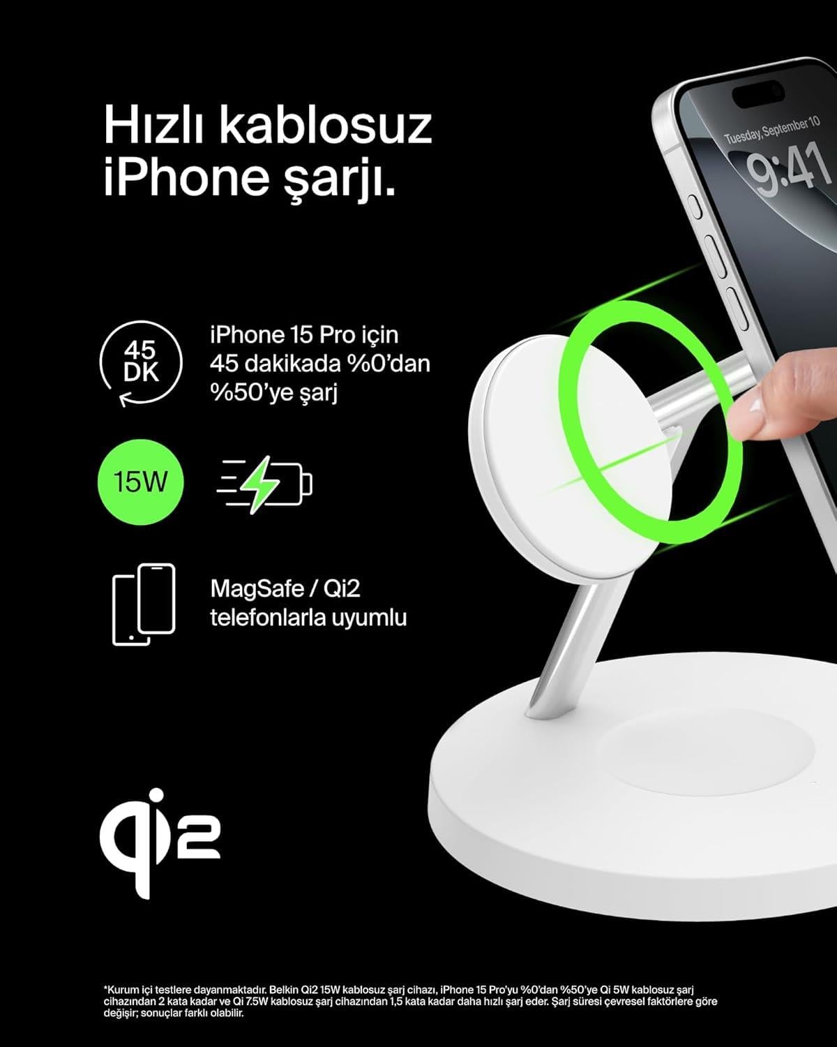Belkin BoostCharge 3'ü 1 Arada, Qi2 MagSafe Kablosuz Şarj İstasyonu, Beyaz