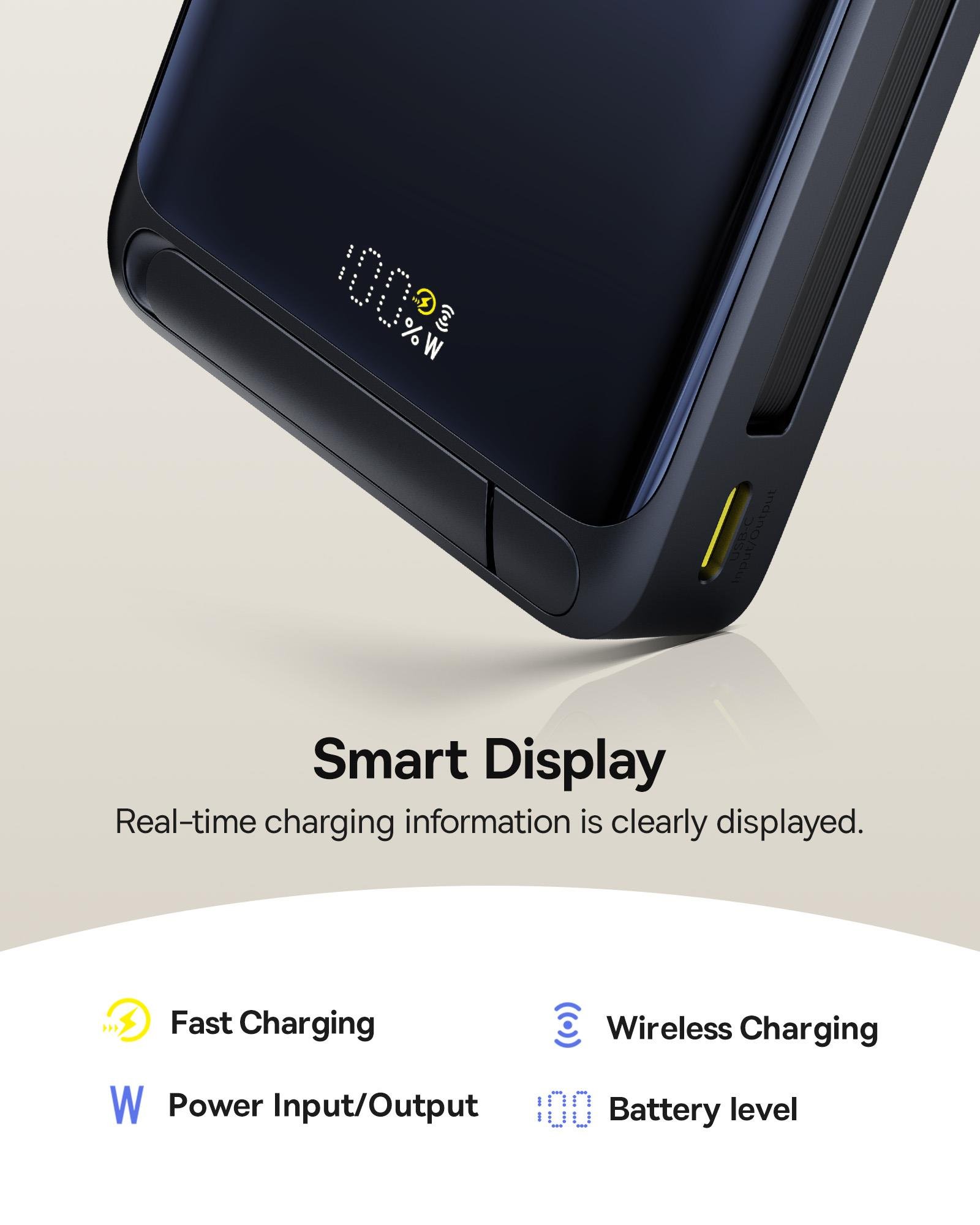 Baseus Nomos 3'ü 1 arada 10000mAh Power Bank - Qi2 15W Kablosuz Şarj, 45W Dahili Çift Yönlü Hızlı Şarj Kablolu, Siyah