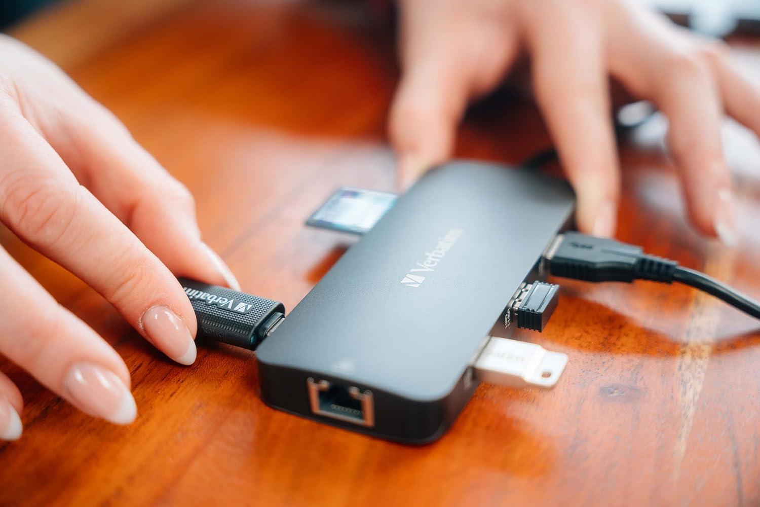 Verbatim USB C Hub 9'u 1 arada, çoklu bağlantı noktalı adaptör, USB-C, HDMI, RJ45, USBA-A ve USB-C, SD kart okuyuculu